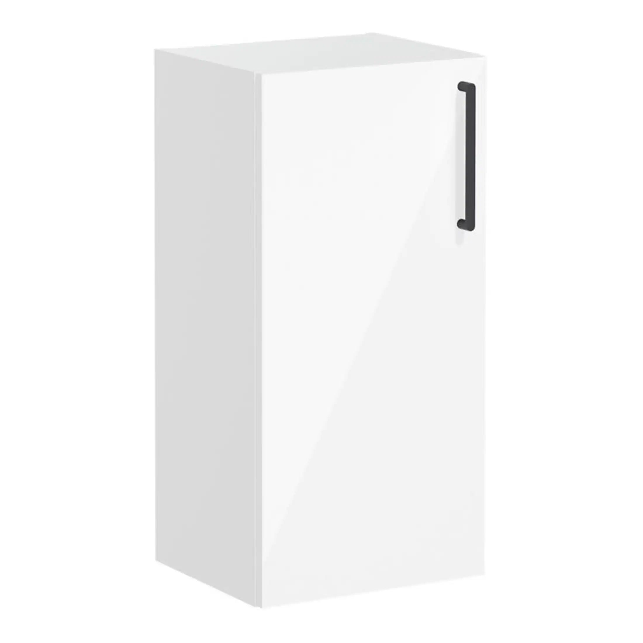 Modern white bathroom storage cabinet with black handle for bathroom organisation and storage. Perfect for adding stylish functionality to your bathroom space.