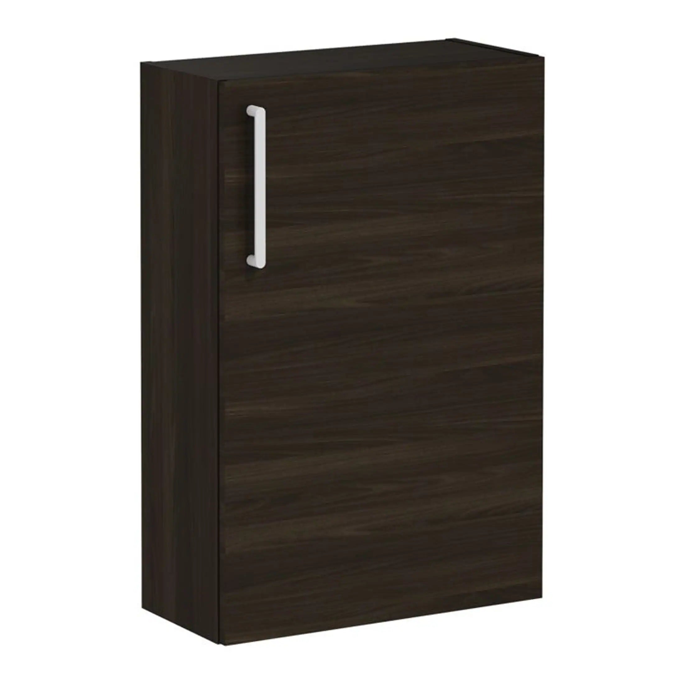 Dark wood bathroom storage cabinet with white handle, suitable for modern bathroom organisation and decor.