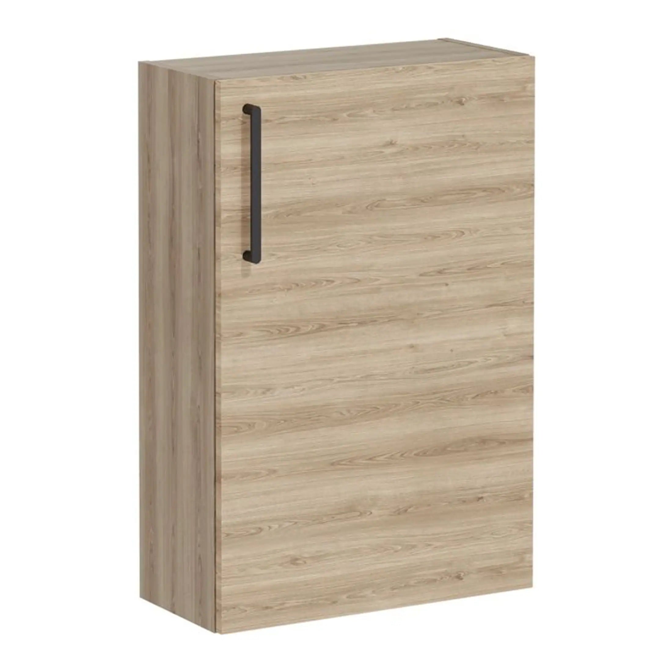 Modern wooden bathroom cabinet with black handle storage solution from Bubly Bathrooms UK. Ideal for organising bathroom essentials with sleek, contemporary design.