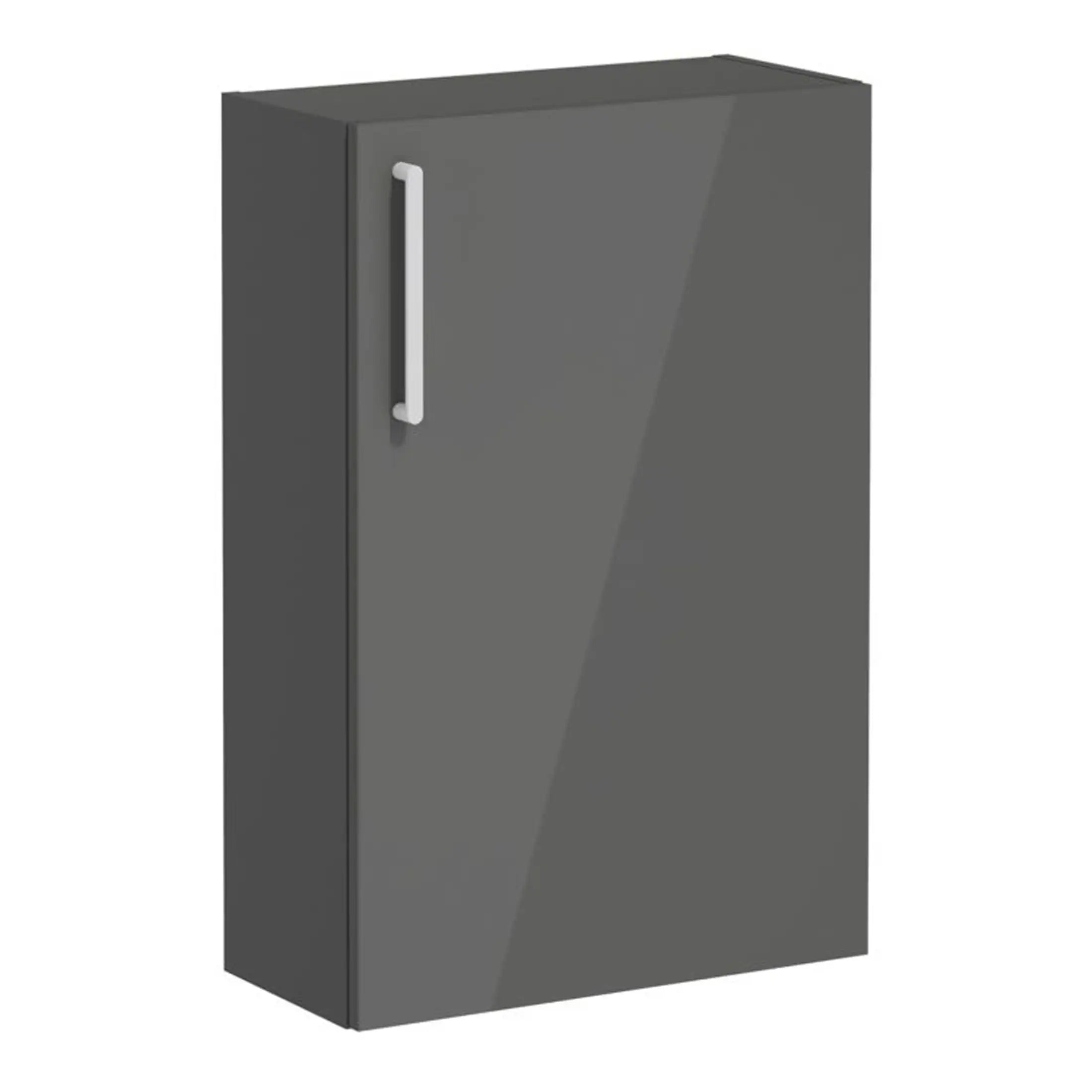 Rust grey bathroom cabinet with a sleek modern design and silver handle.