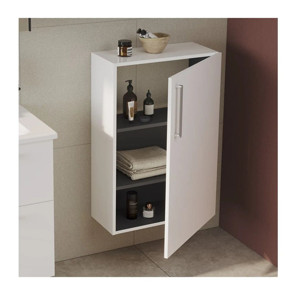 Wooden bathroom cabinet with shelves and storage space for toiletries and towels, modern bathroom furniture, bathrooms storage solution, white and dark grey cabinetry, Bubly Bathrooms UK.