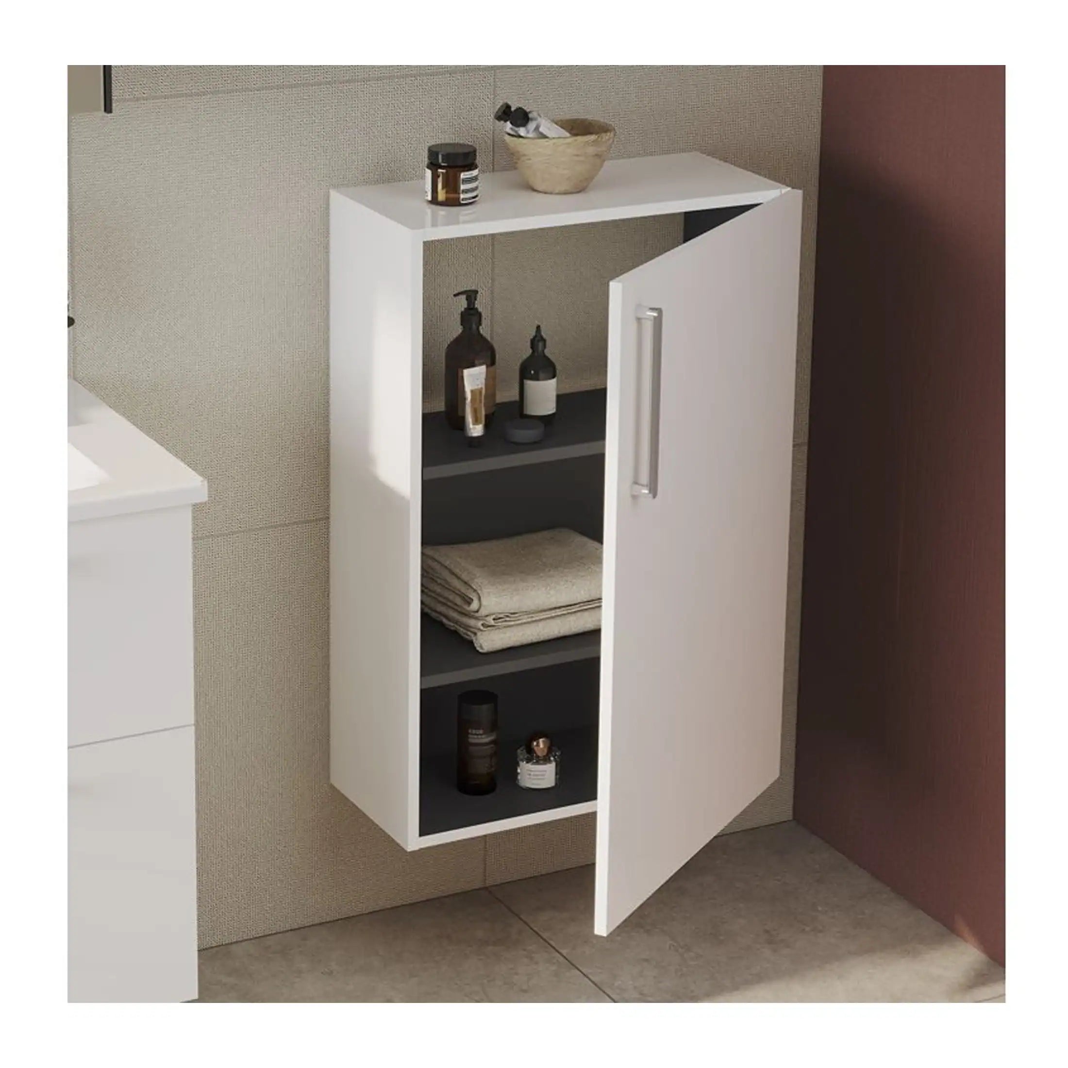 Wooden bathroom cabinet with shelves and storage space for toiletries and towels, modern bathroom furniture, bathrooms storage solution, white and dark grey cabinetry, Bubly Bathrooms UK.