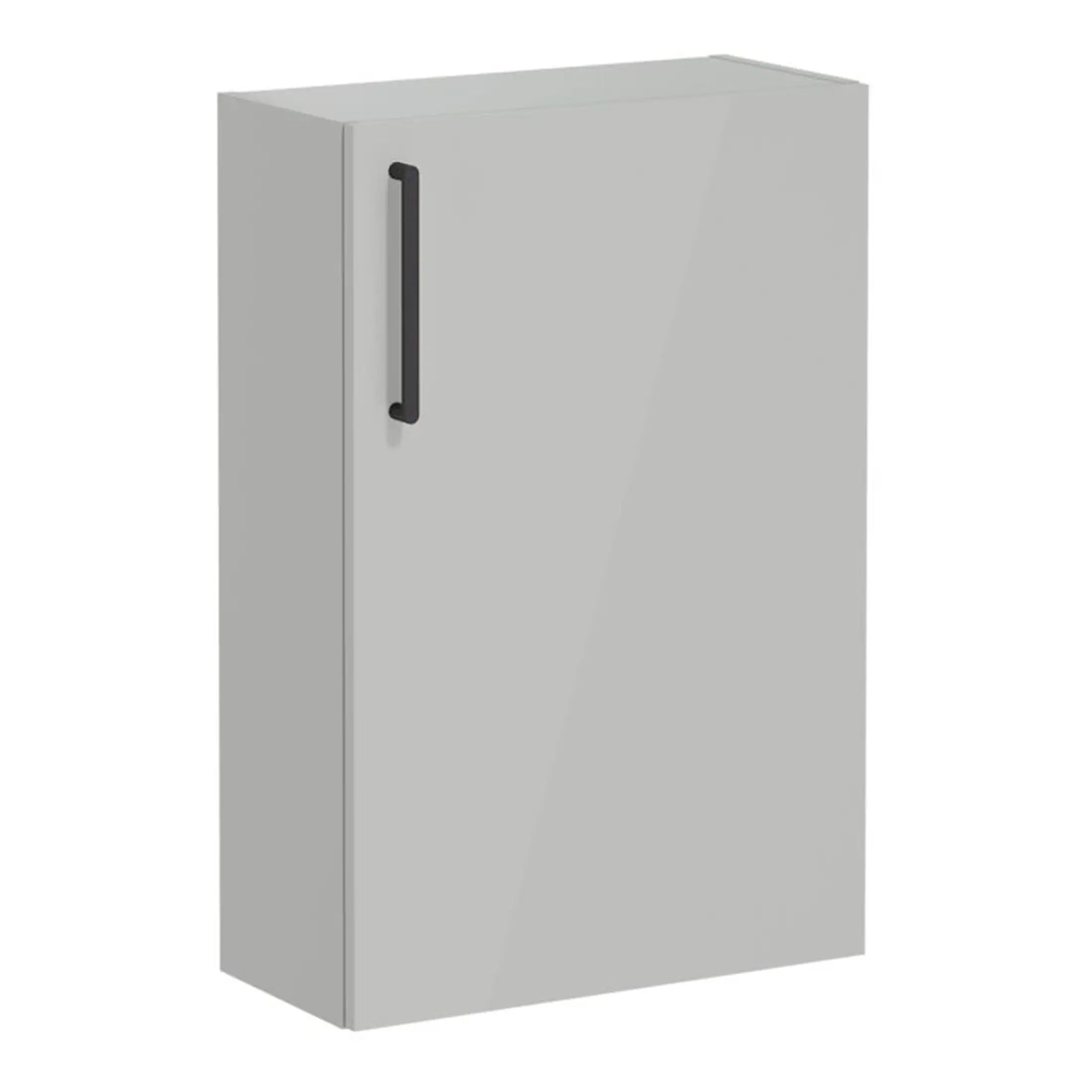 Deep grey bathroom storage cabinet with black handle, sleek modern design for contemporary bathrooms. Durable, space-saving bathroom furniture by Bubly Bathrooms.