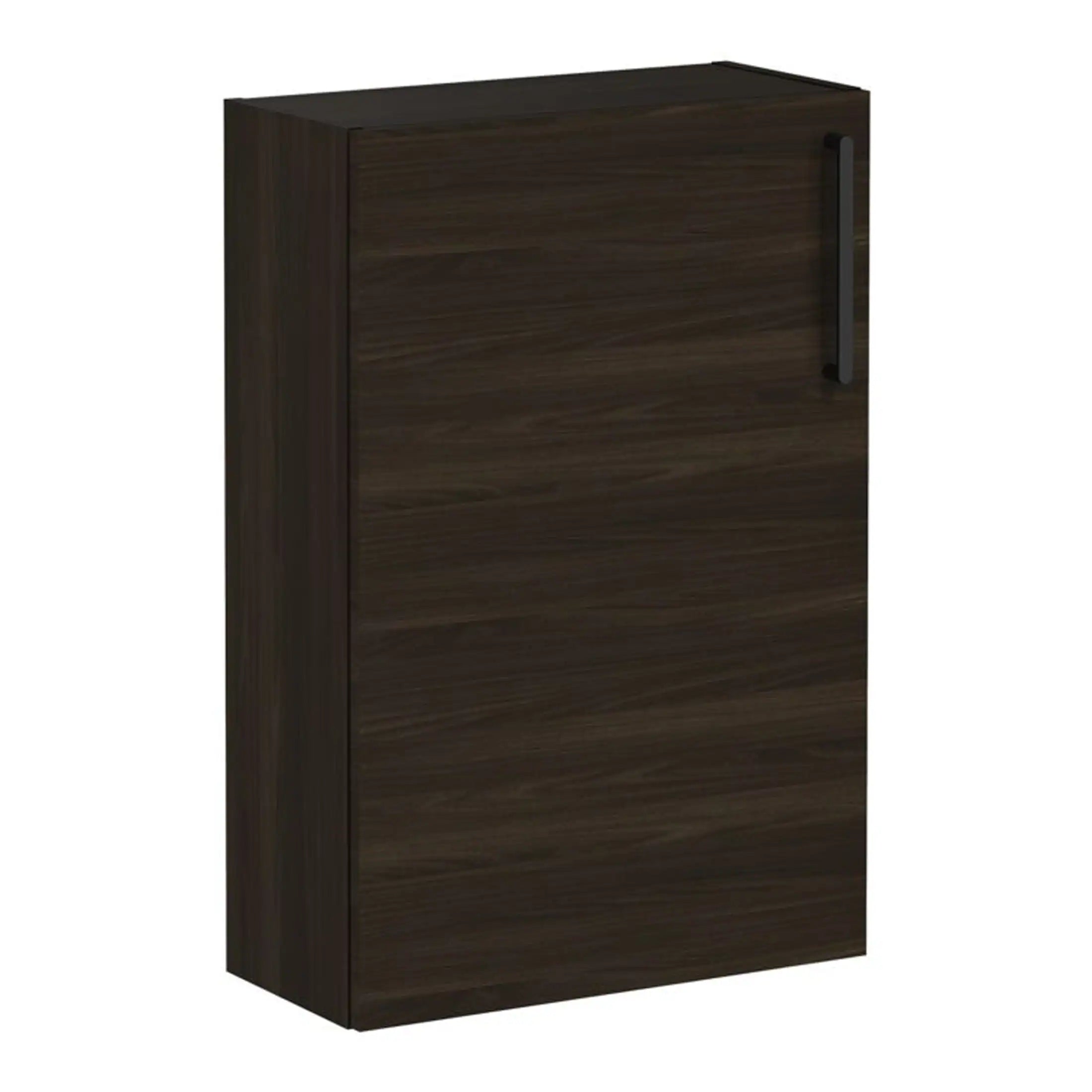 Wooden bathroom wall cabinet with black handle for storage and organisation. Elegant, modern design ideal for contemporary bathrooms, providing extra space for toiletries and essentials.
