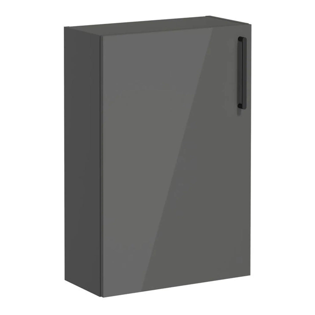Modern grey bathroom cabinet with black handle for sleek storage solutions.