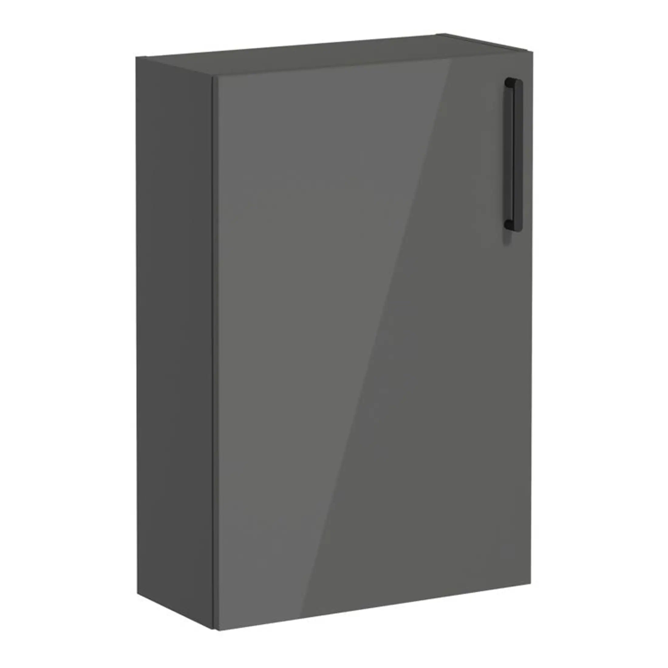 Modern grey bathroom cabinet with black handle for sleek storage solutions.