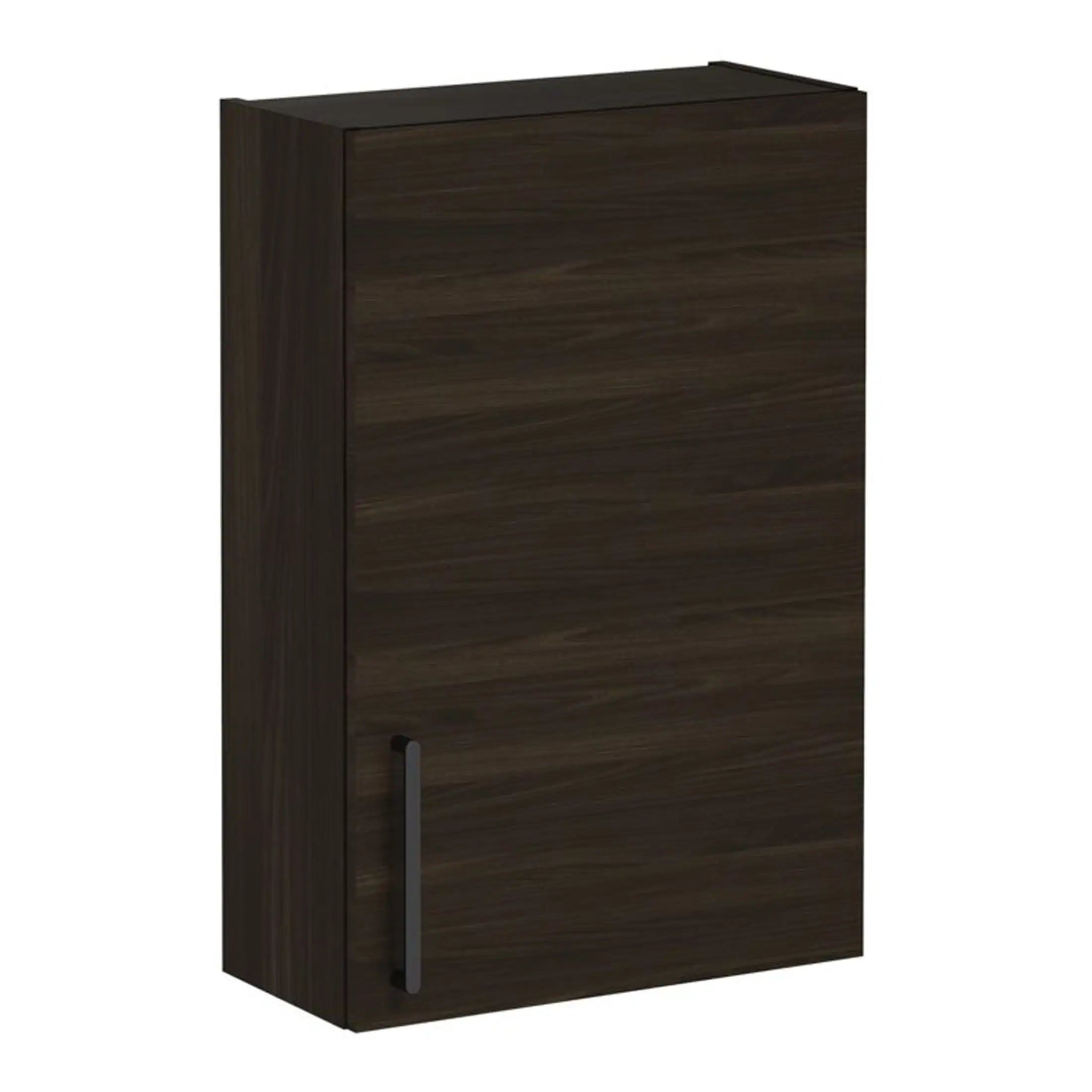 Sleek dark wood bathroom storage cabinet, modern design with a minimalist style, durable construction, and a handy vertical handle for easy access. Perfect for organising bathroom essentials.