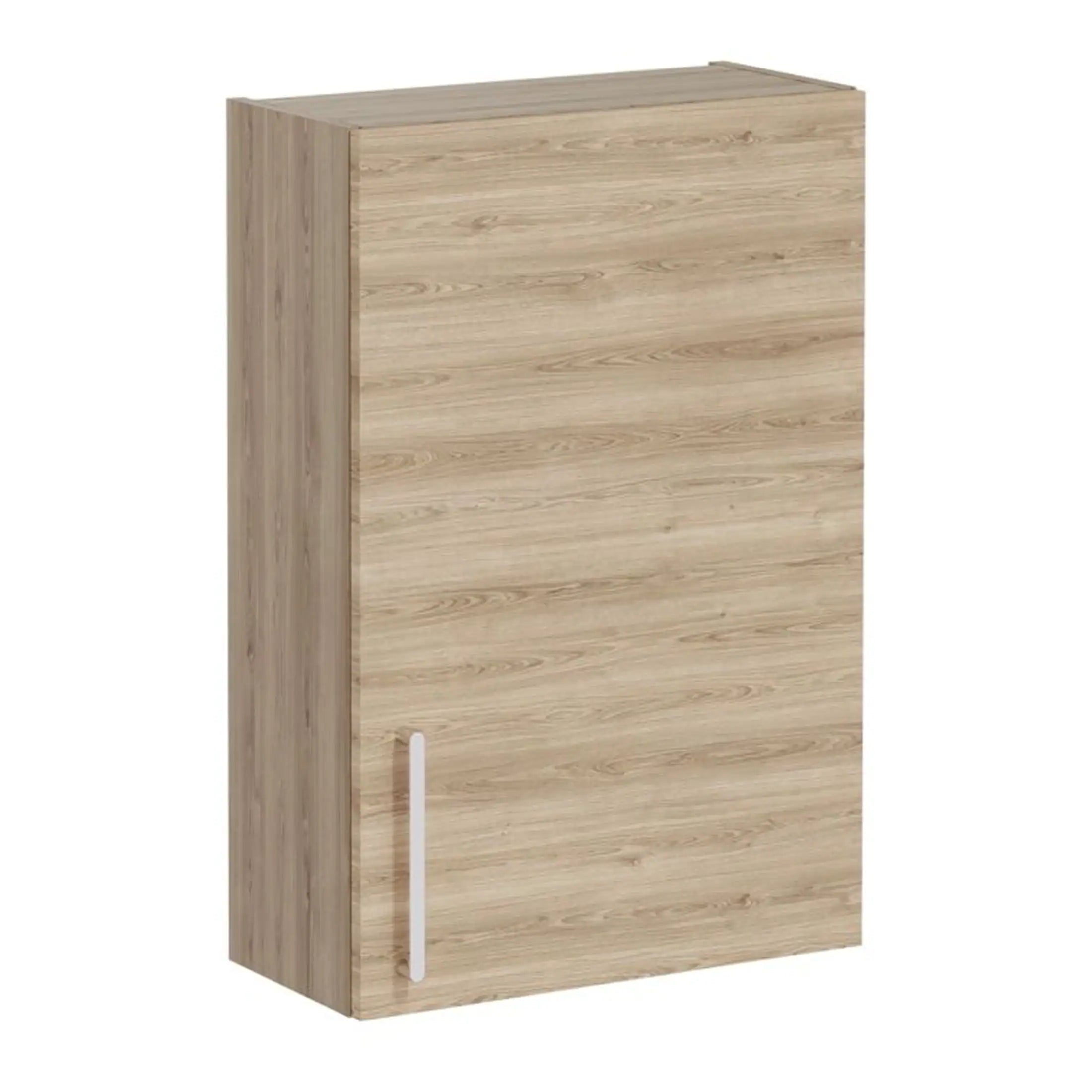 Elegant light oak bathroom wall cabinet with sleek white handle, ideal for storage and organisation in modern bathrooms.