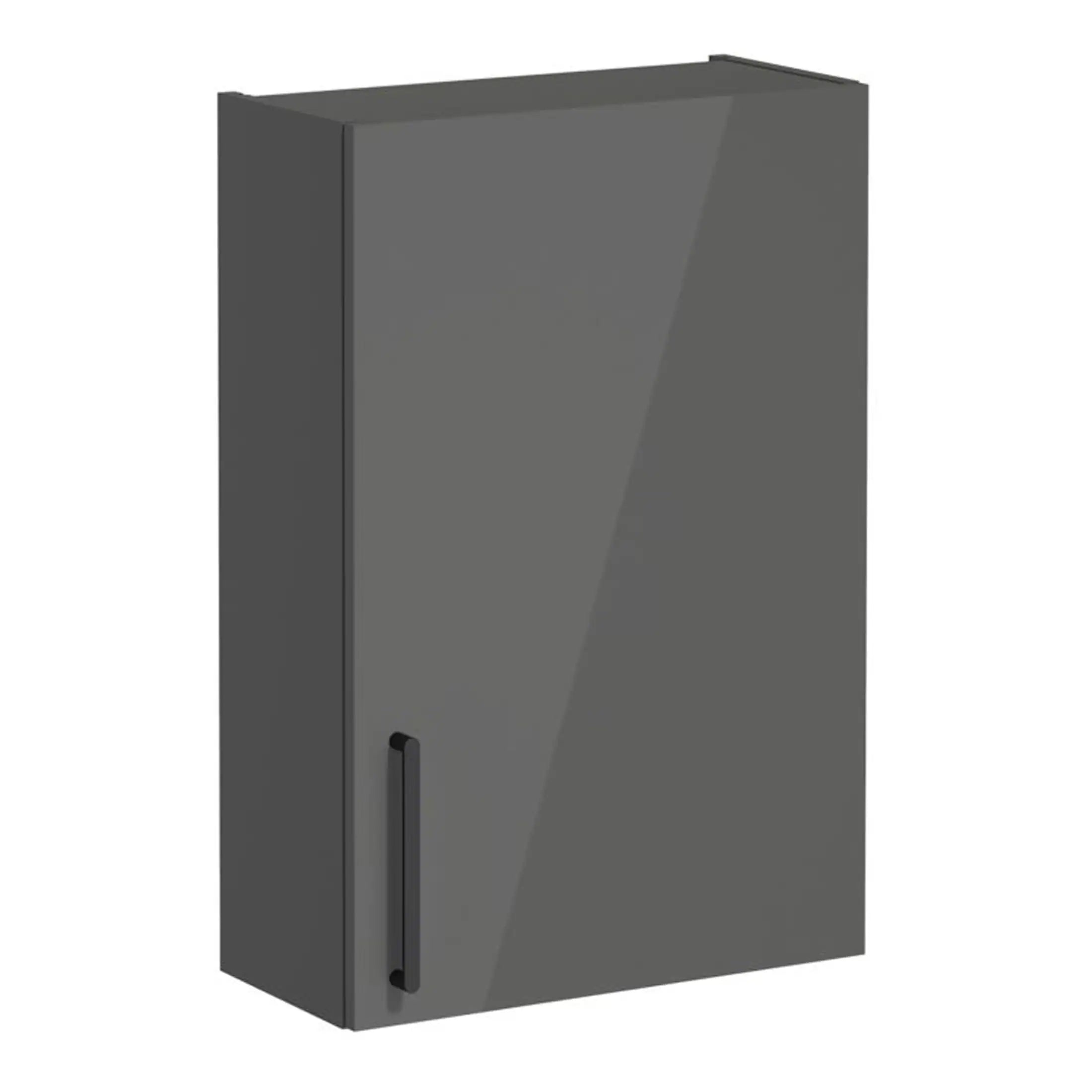 Sleek grey bathroom wall cabinet with modern black handle, ideal for bathroom storage and organisation, perfect for contemporary Bubly bathrooms.