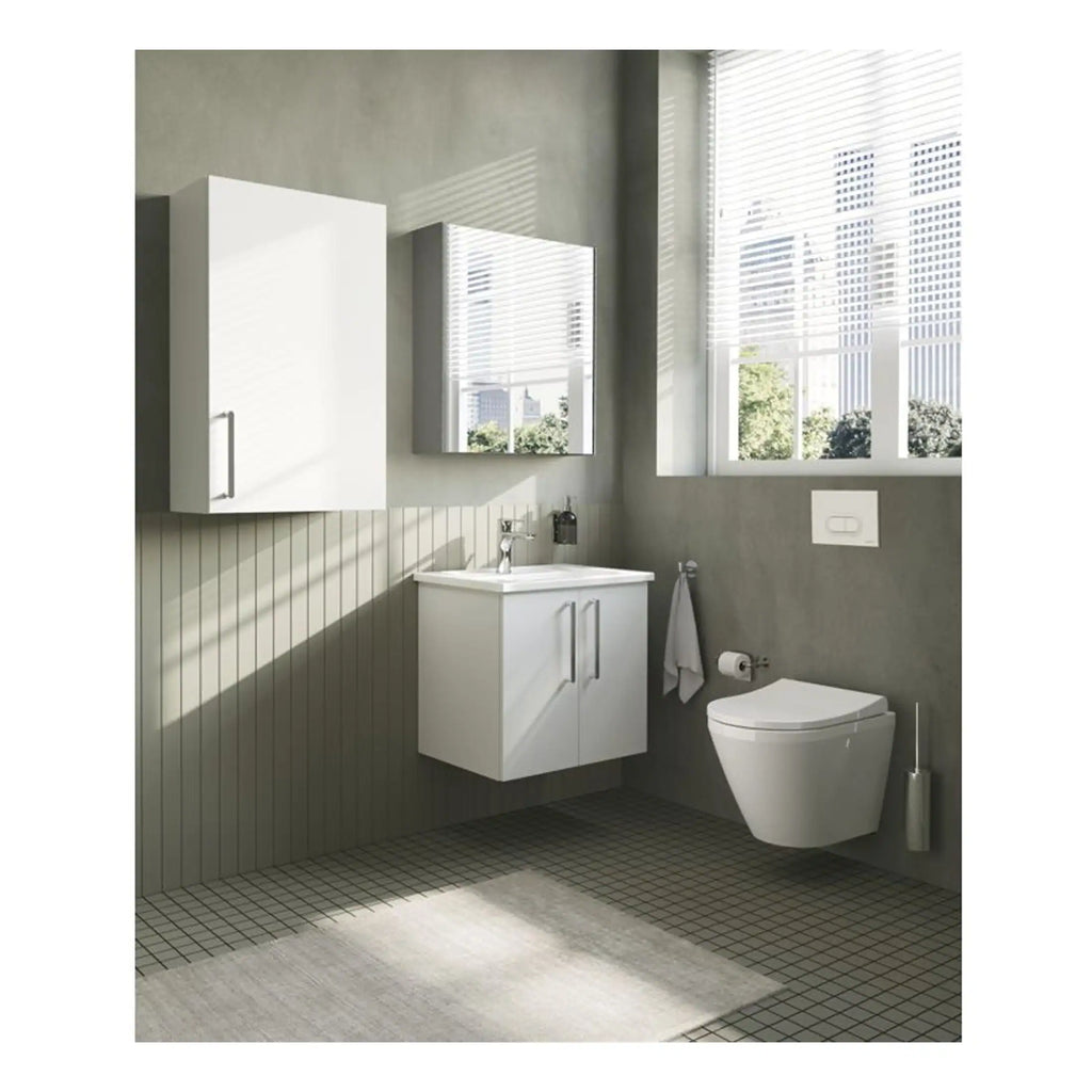 Modern minimalist bathroom with white vanity cabinet, wall-mounted toilet, large window with blinds, and sleek fixtures, showcasing stylish Bubly bathroom fixtures and design.