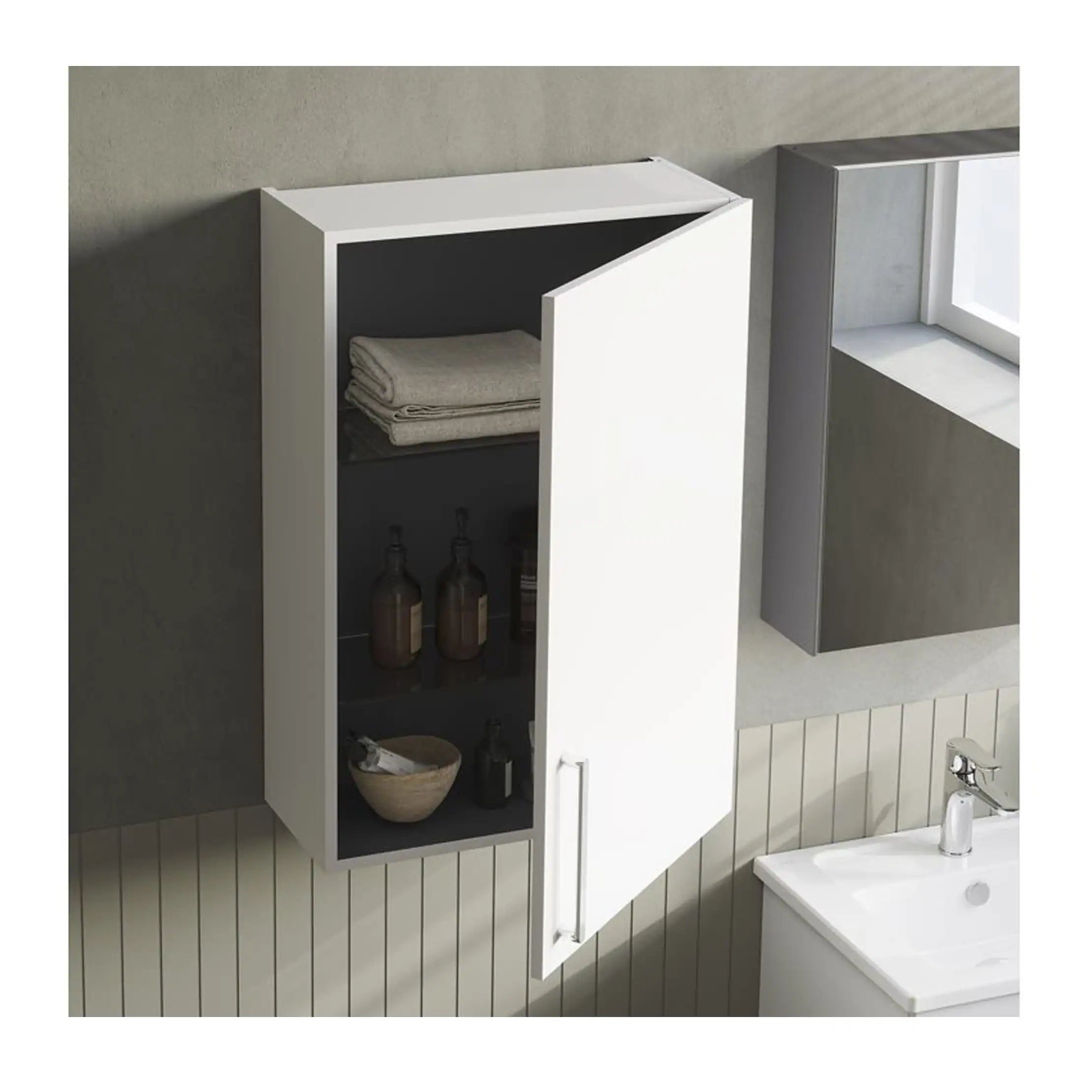 Contemporary bathroom storage cabinet with a sleek white and black design, perfect for modern bathrooms, featuring shelves with towels and bottles for organised bathroom essentials.
