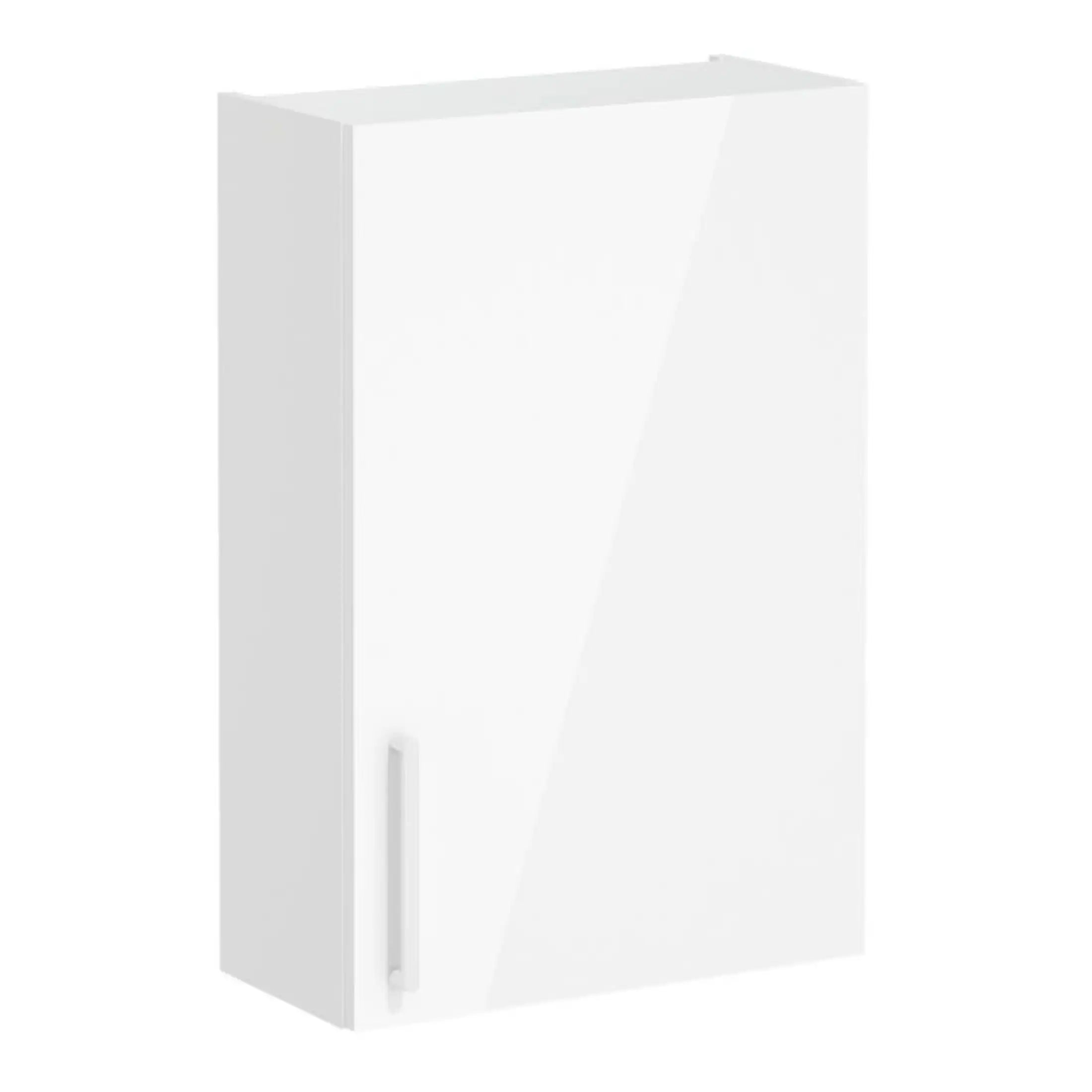 White bathroom cabinet with a sleek handle, designed for modern bathroom storage solutions. Perfect for organising toiletries and essentials in style.