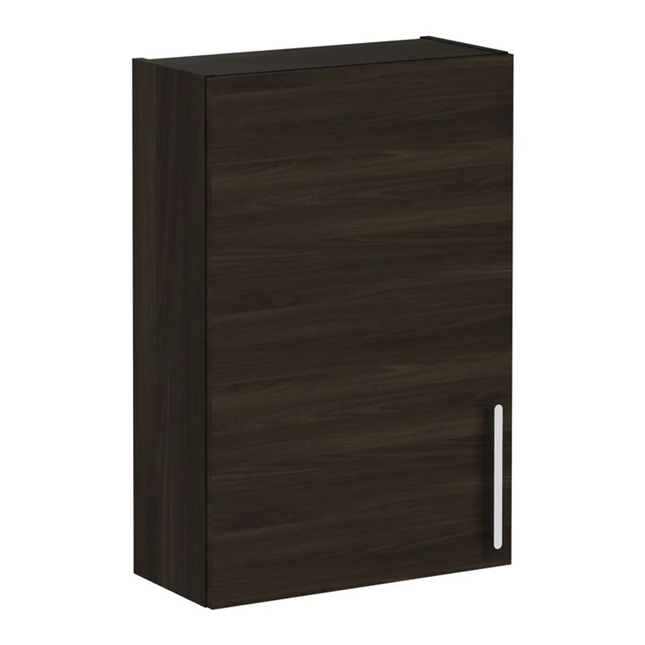 Sleek dark wood bathroom wall cabinet with a modern minimalist design and vertical handle, ideal for storage and organisation in contemporary bathrooms.