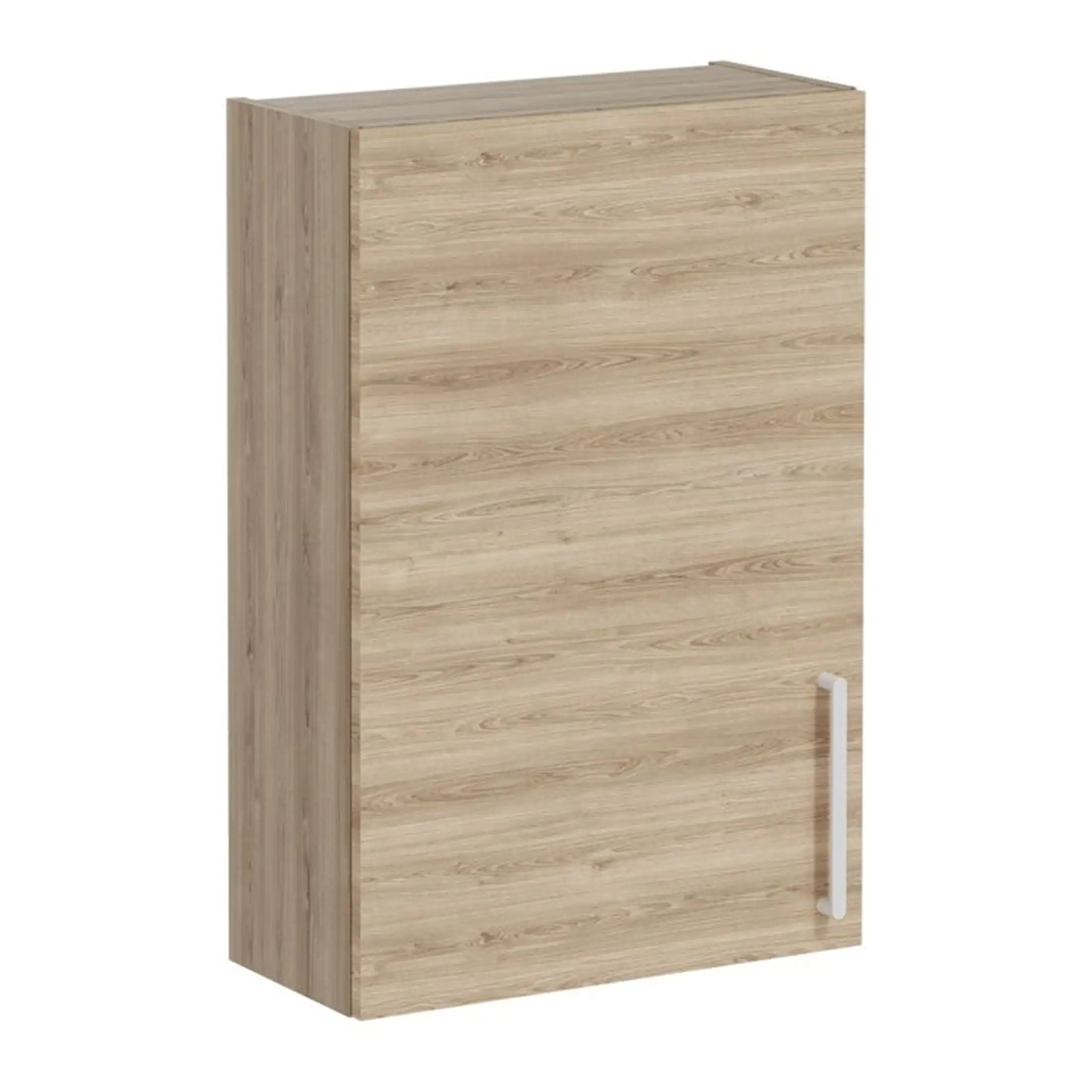 Wooden bathroom wall cabinet with white handle, providing storage solutions for modern bathrooms. Durable timber finish ideal for space-saving and organisation.