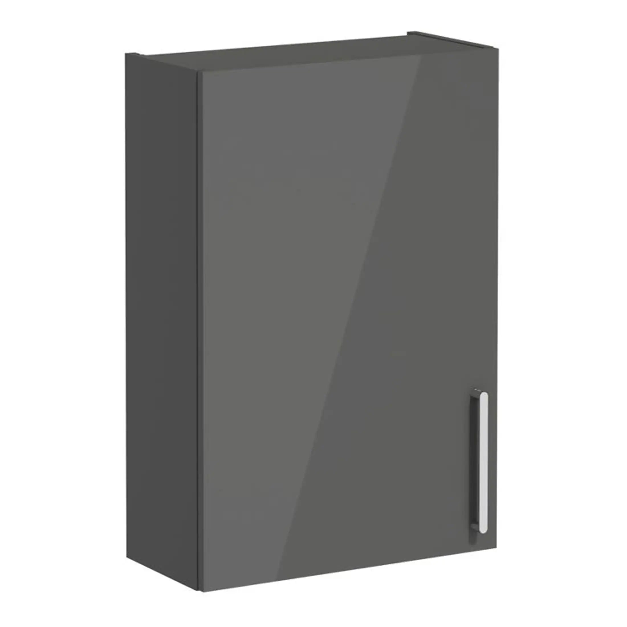 Sleek grey bathroom wall cabinet with modern handle for storage and organisation.