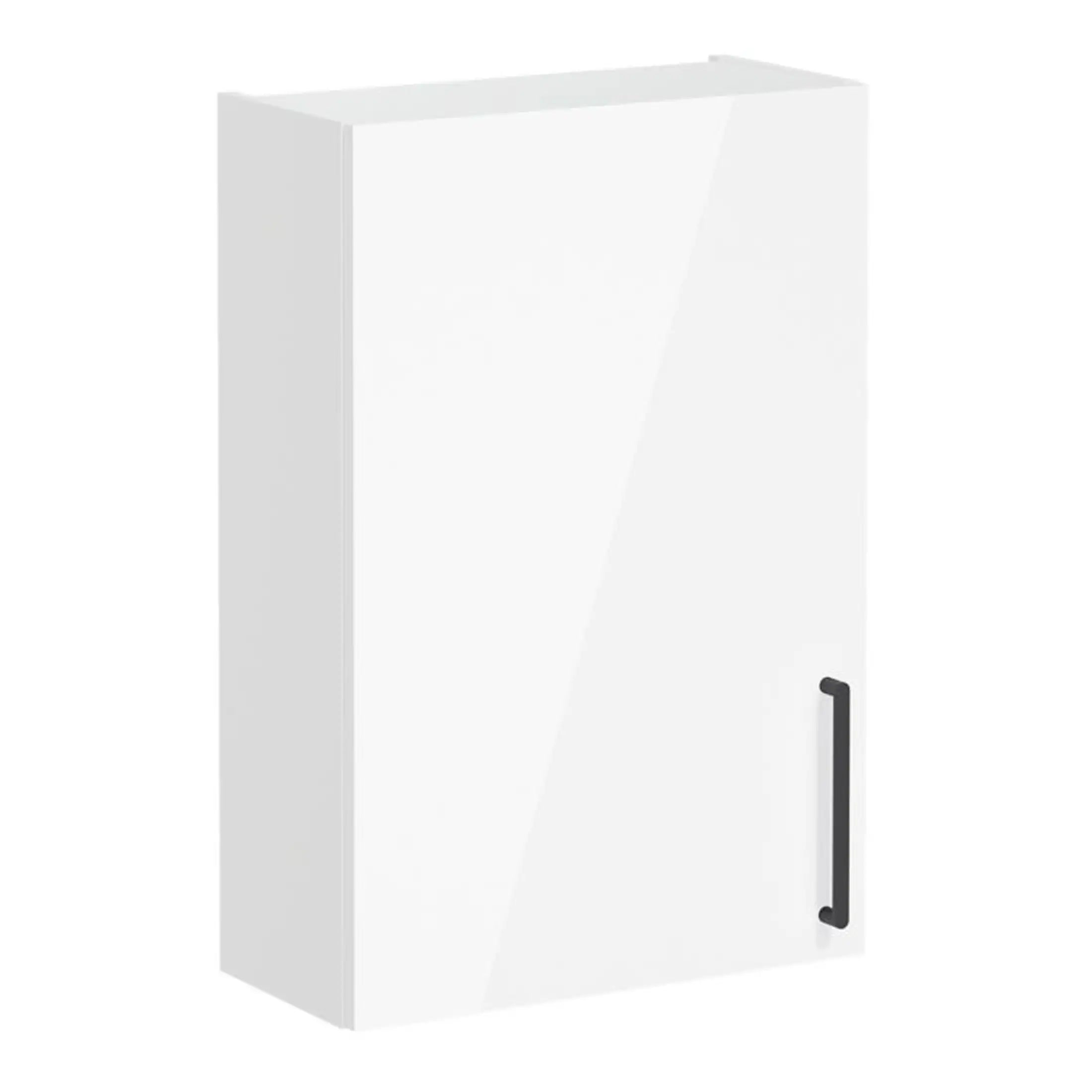 White bathroom wall cabinet with modern black handle for sleek storage solutions in contemporary bathrooms.