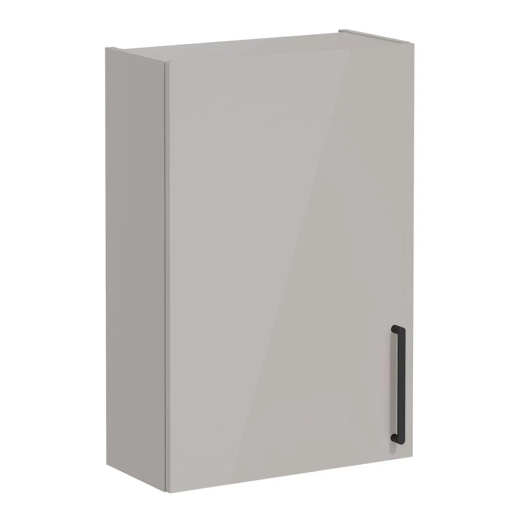 Sleek grey bathroom wall cabinet with black handle, modern storage solution by Bubly Bathrooms for organised, stylish interiors.
