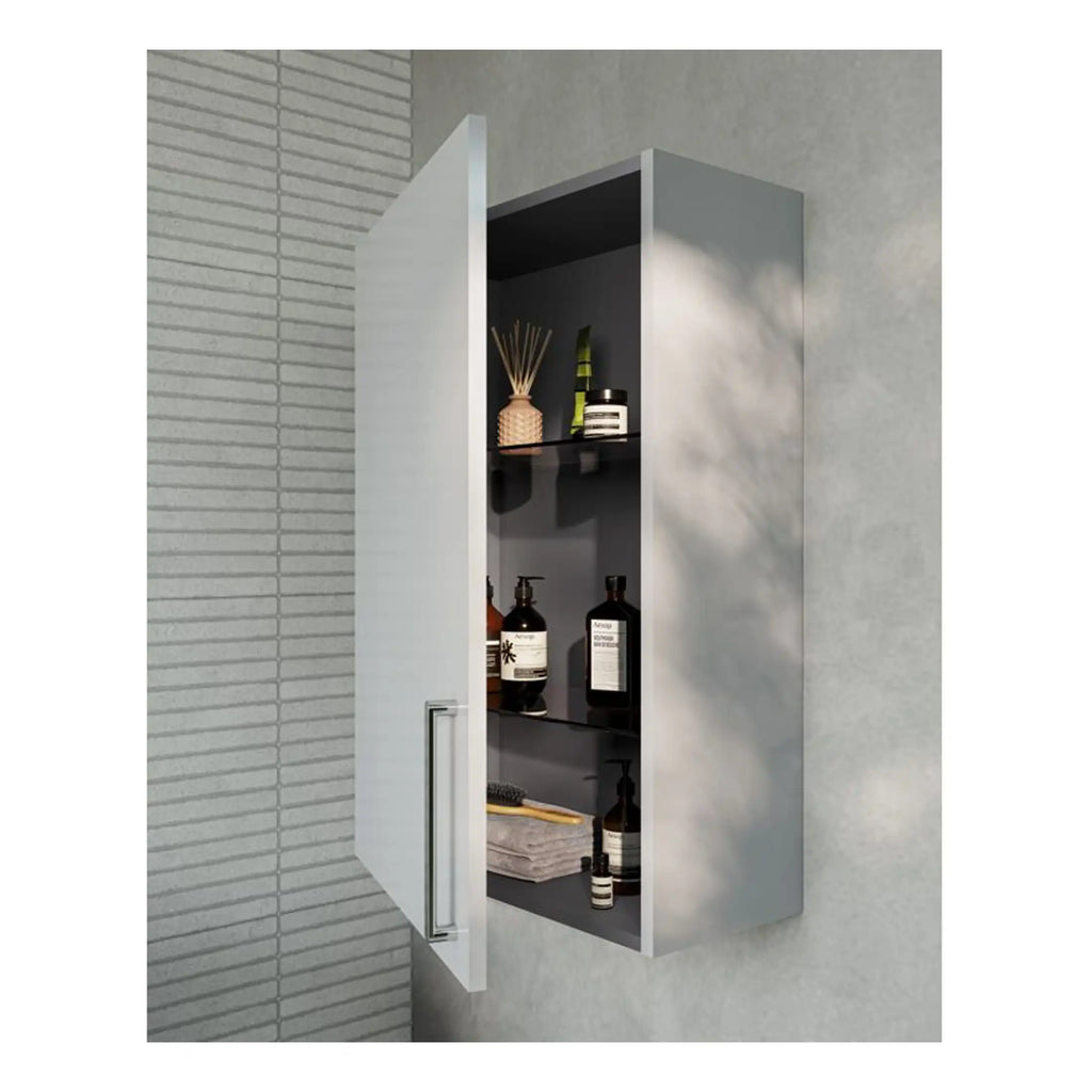 Sleek white bathroom wall cabinet with black interior shelves for storage of toiletries and accessories. Modern bathroom furniture from Bubly Bathrooms.