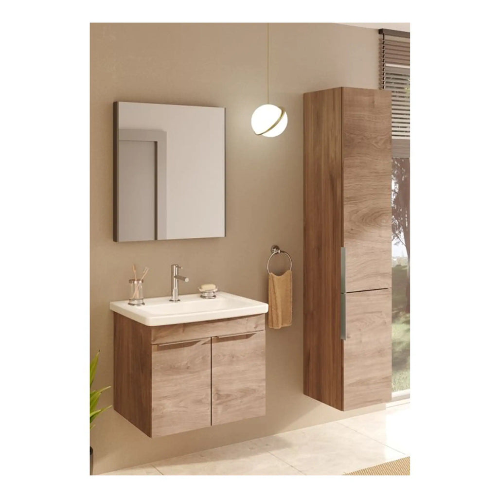 Modern wooden bathroom vanity set with wall-mounted mirror and storage cabinet, featuring sleek fixtures and neutral tones for a contemporary bathroom design.