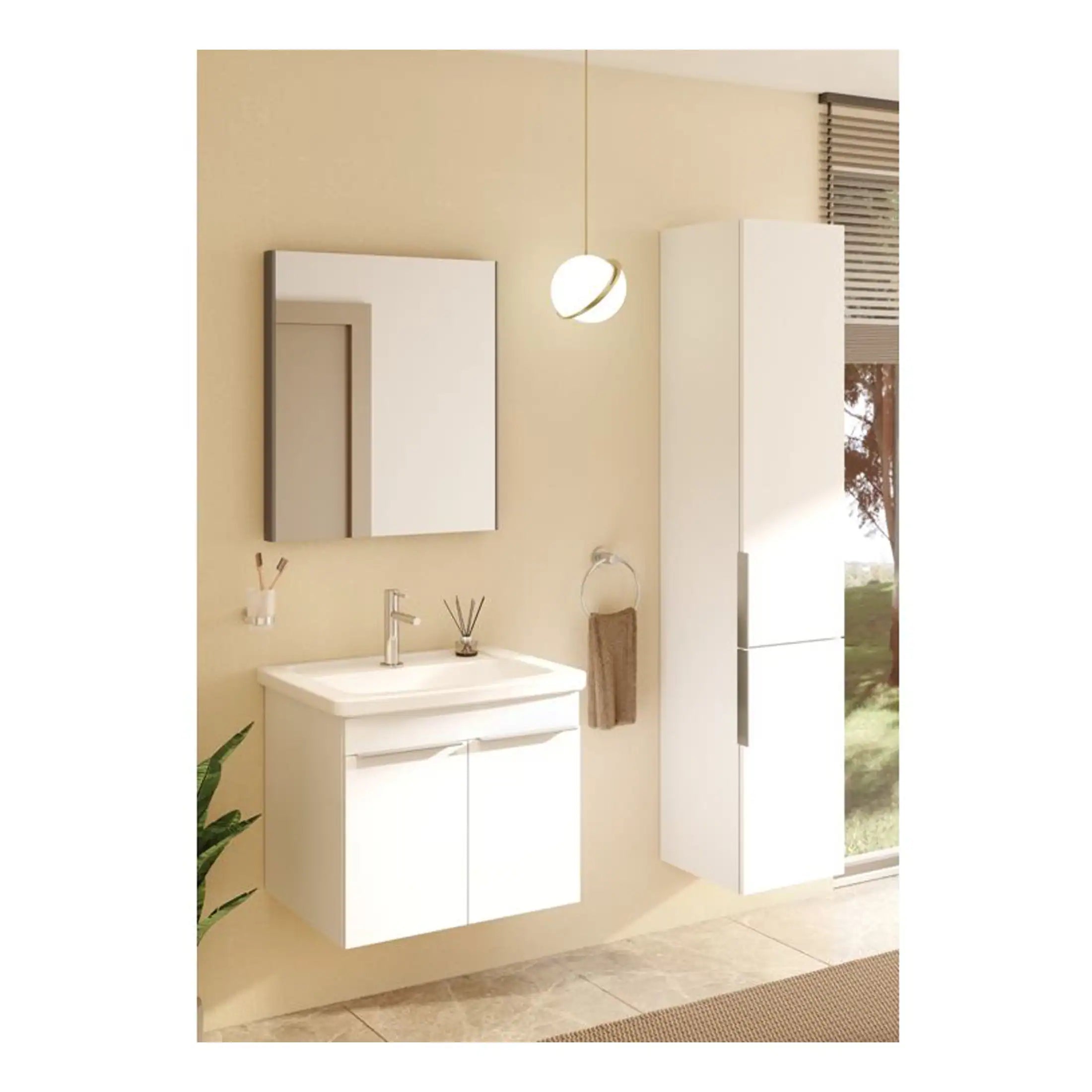 Sleek modern bathroom vanity with a white wall-mounted cabinet and mirror, featuring a minimalist design ideal for contemporary bathrooms, featuring natural lighting and clean aesthetics.