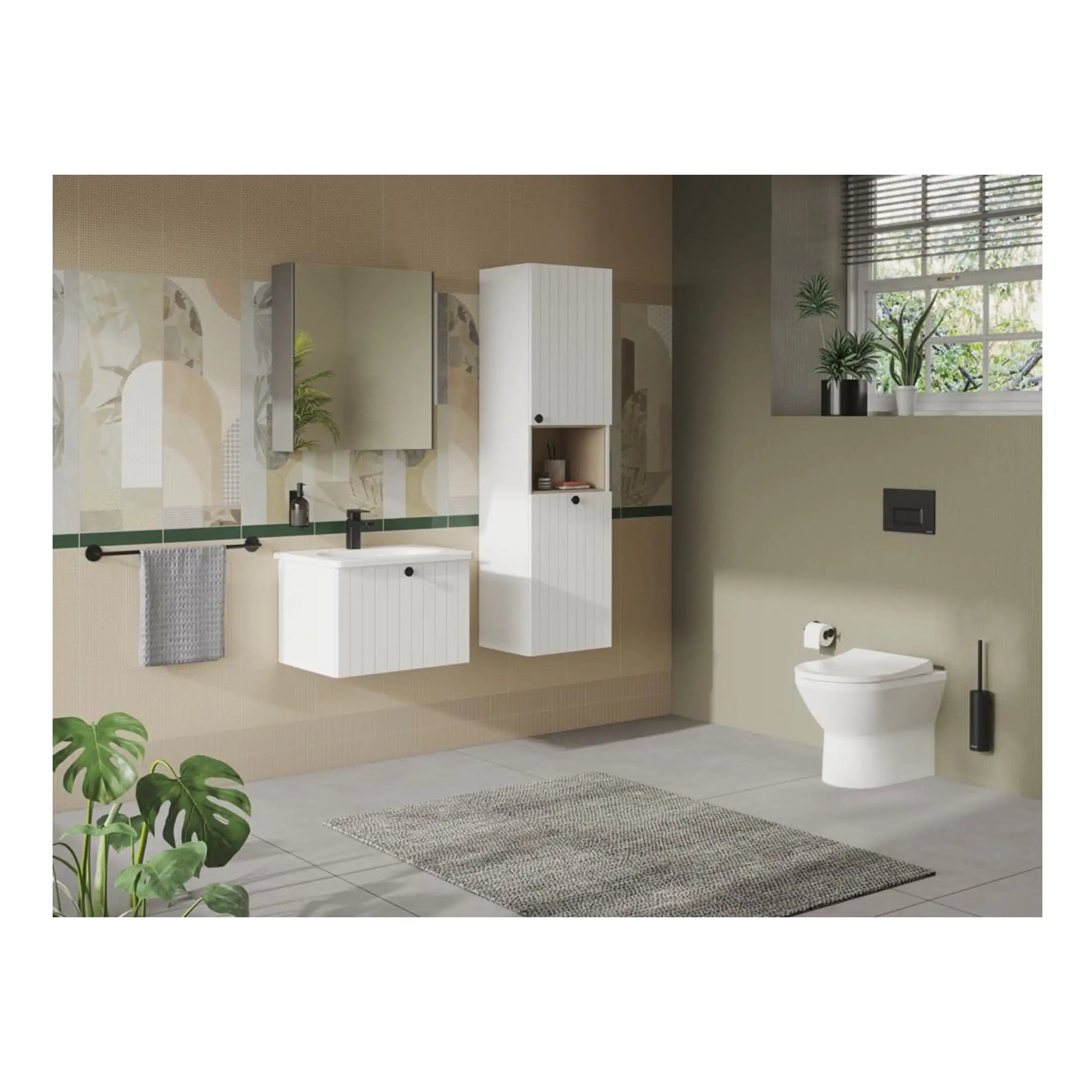Contemporary white bathroom vanity with mirror, wall-mounted cabinet, and toilet in a modern, minimalist bathroom with botanical accents and natural light.