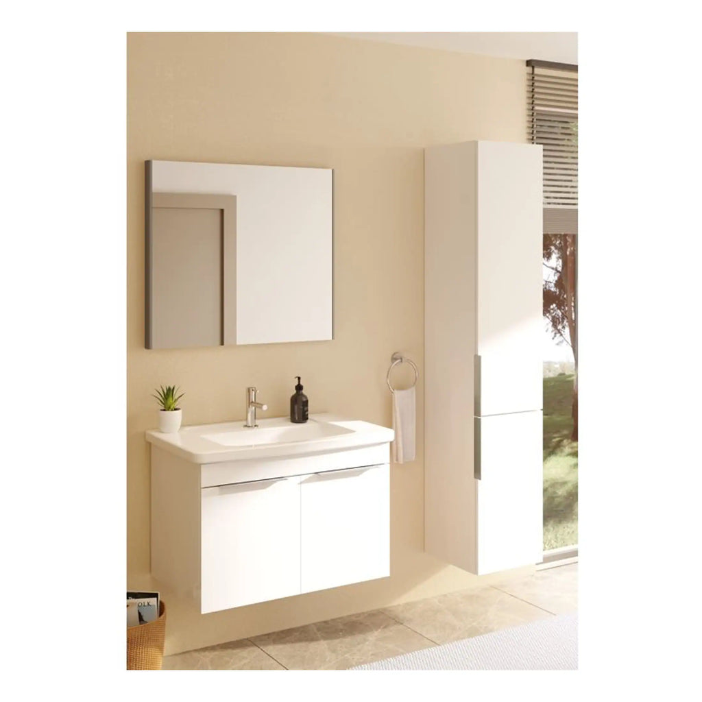 Modern white bathroom vanity with a sleek wall-mounted cabinet and minimalist square mirror, designed for contemporary bathroom spaces, combining functionality with clean aesthetics.