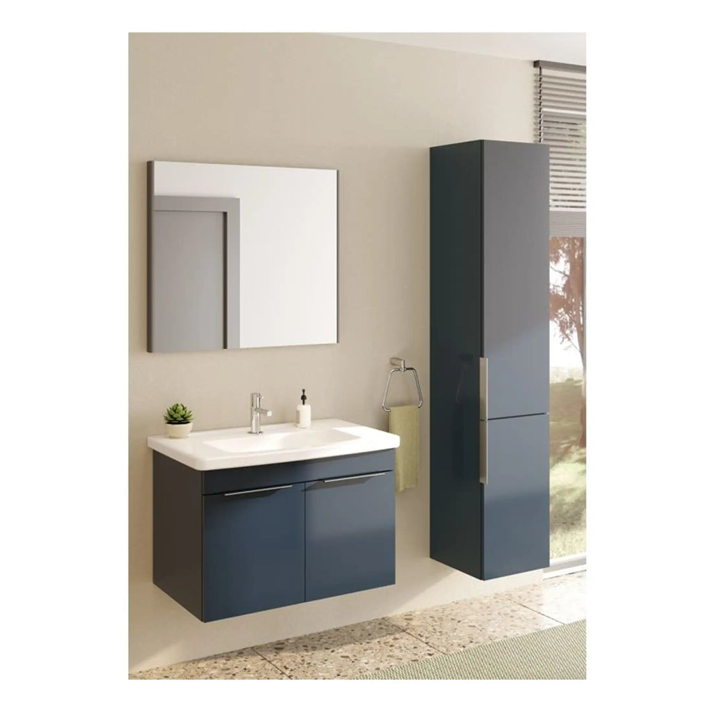 Modern blue bathroom vanity with wall-mounted cabinet and large mirror, featuring sleek handles, ideal for contemporary bathroom design and storage solutions.
