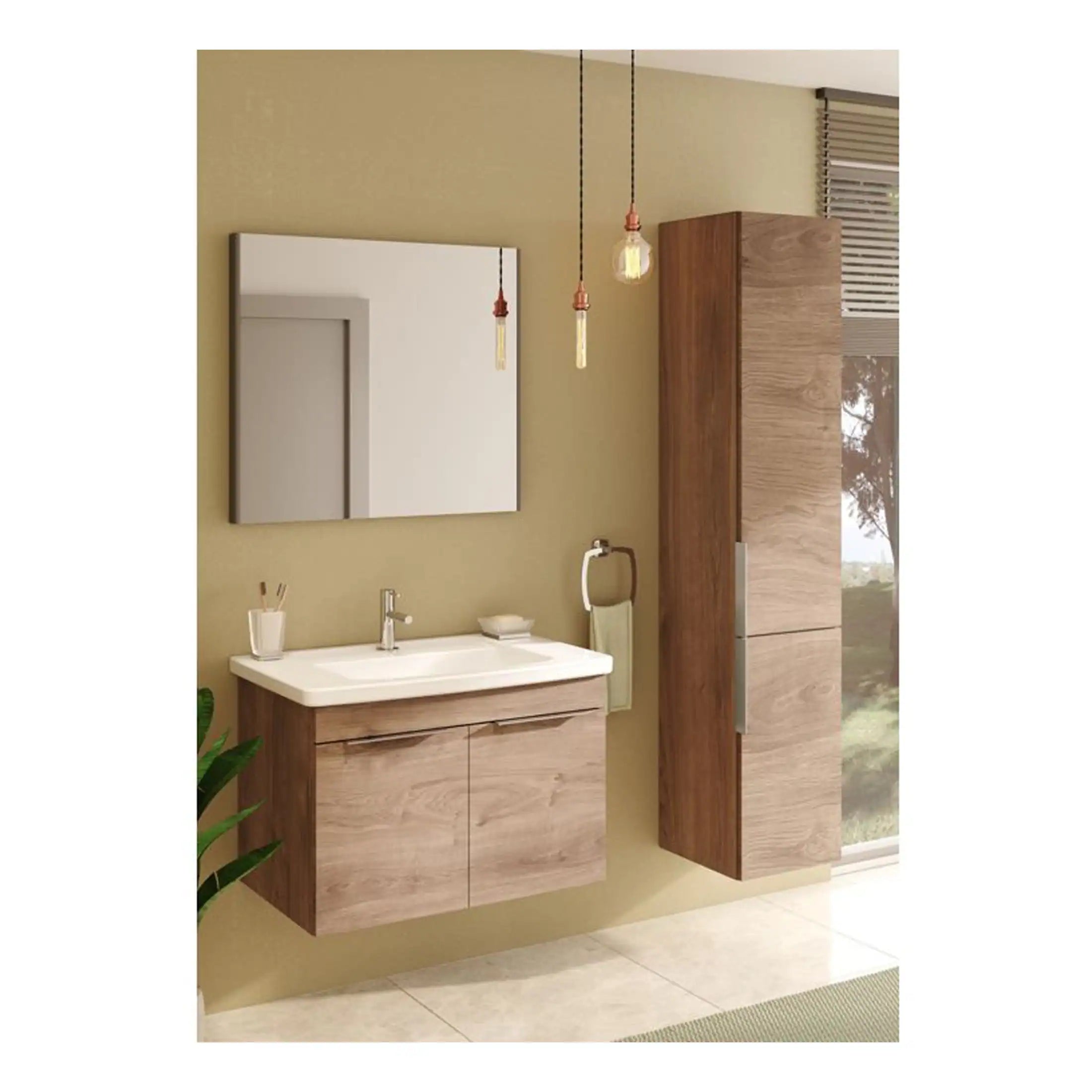 Contemporary bathroom vanity with wall-mounted wooden cabinets, a sleek white sink, and a large mirror, showcasing modern bathroom furniture and storage solutions for stylish bathrooms.