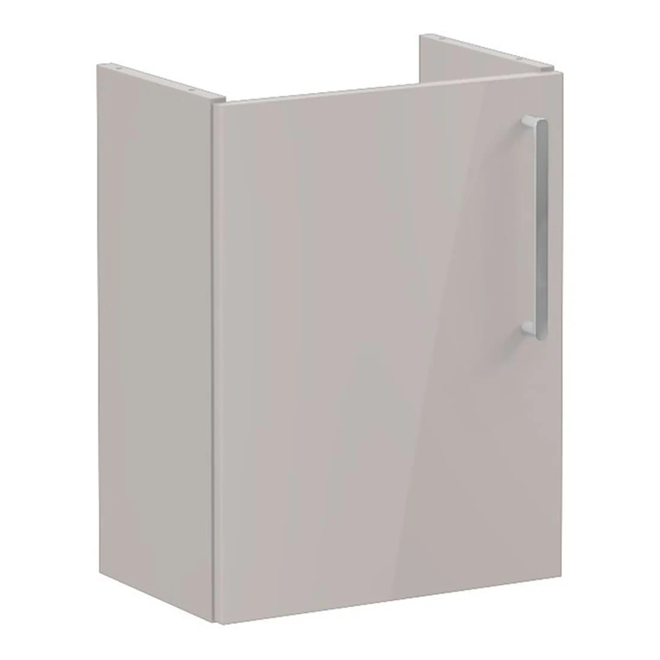 Light grey bathroom cabinet with sleek handle, modern storage solution from Bubly Bathrooms. Perfect for contemporary bathrooms, providing stylish and practical cabinet space.