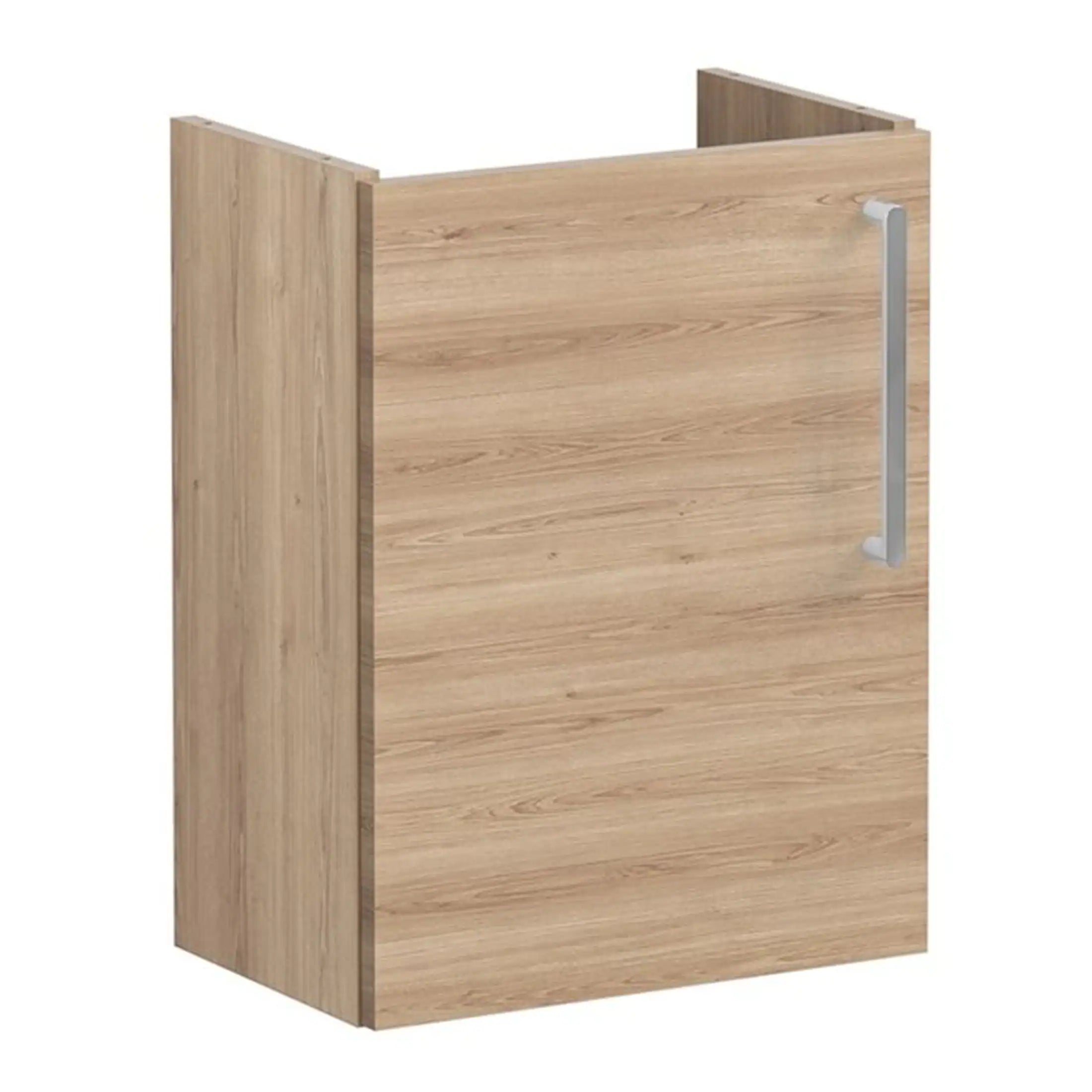 Stylish wooden bathroom cabinet with silver handle, ideal for modern bathroom storage solutions, crafted from high-quality materials for durability and aesthetic appeal.