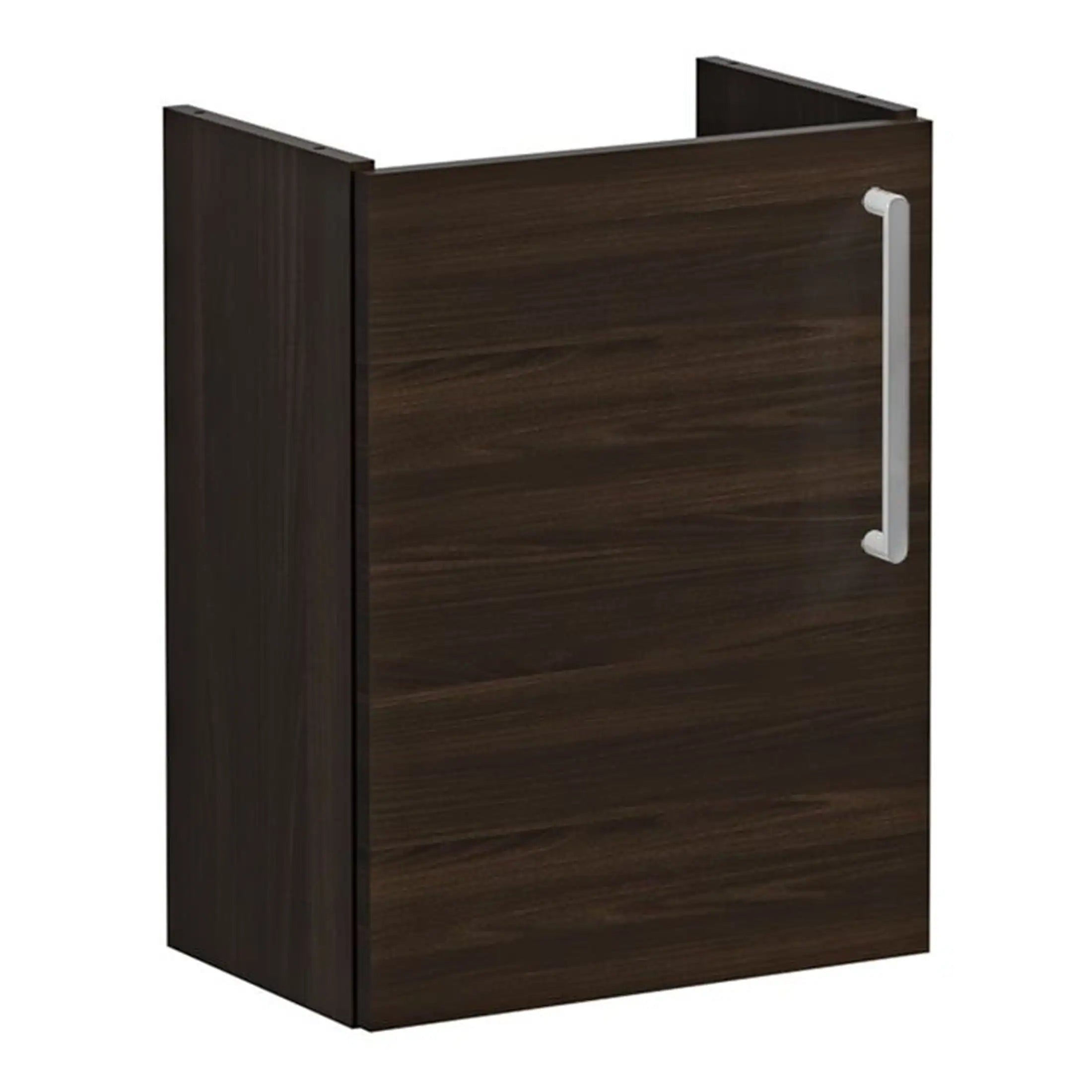 Sleek dark wood bathroom cabinet with a stainless steel handle, perfect for modern bathroom storage solutions. Durable, stylish, and space-efficient.