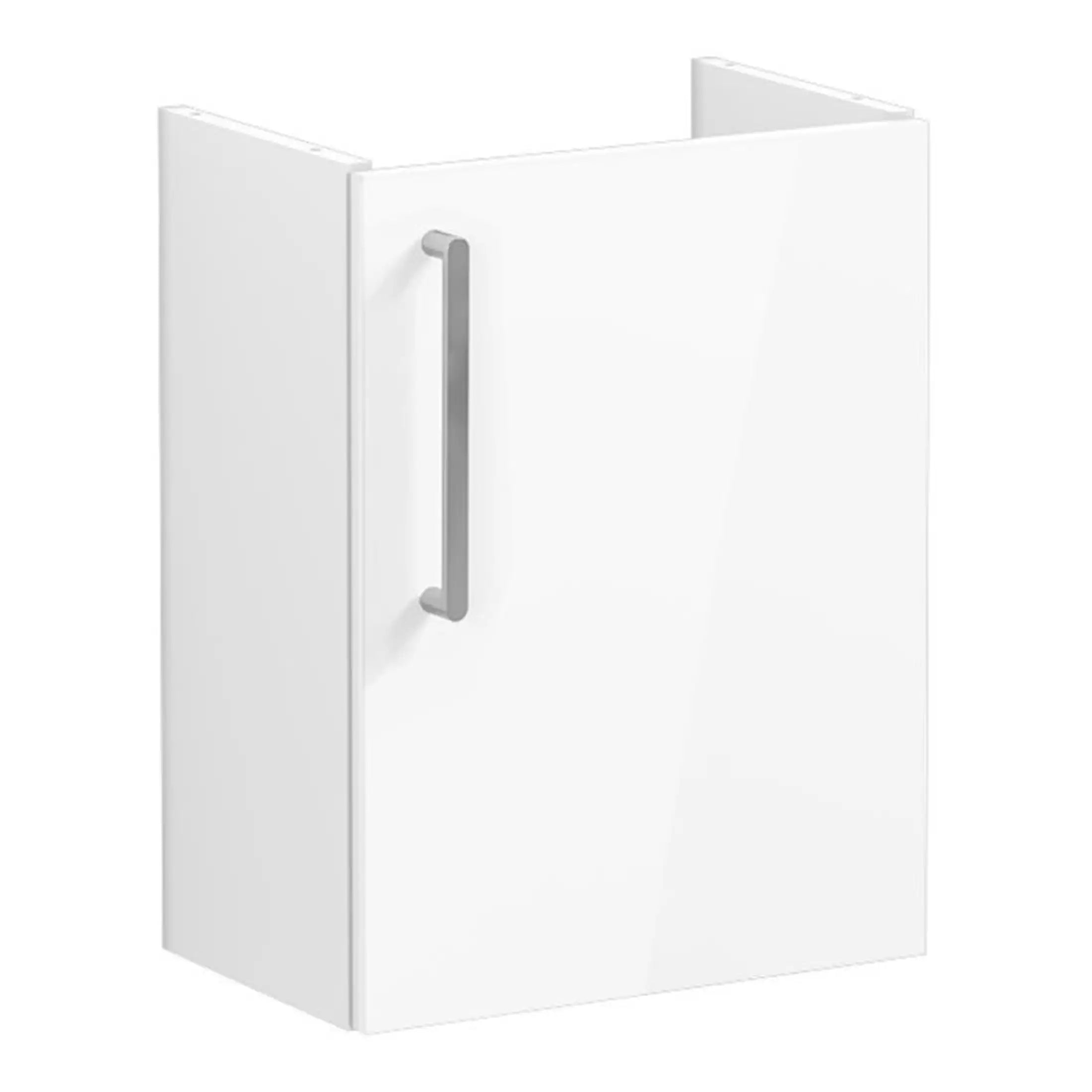 Sleek white bathroom cabinet with silver handle, ideal for modern bathroom storage solutions, featuring clean lines and minimalist design.