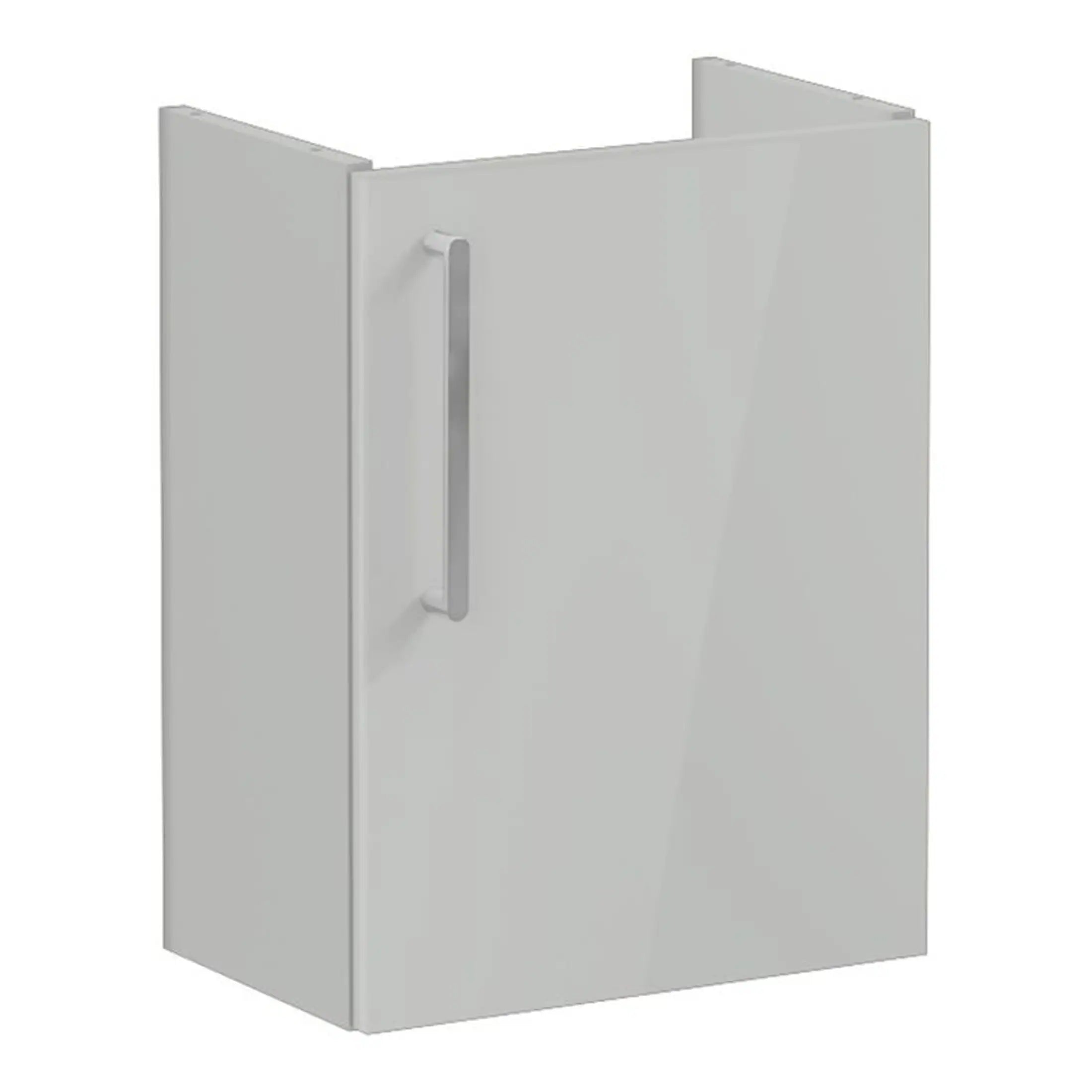 Light grey bathroom cabinet with a sleek modern design and a sturdy vertical handle for easy access, ideal for contemporary bathroom storage solutions.