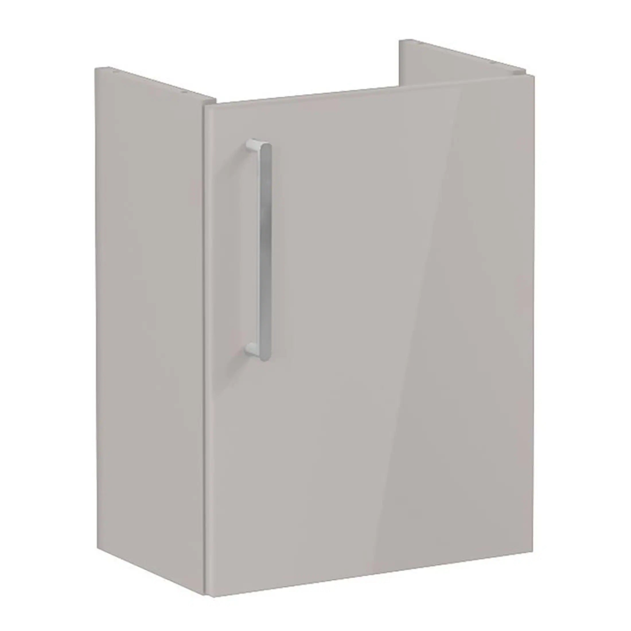White bathroom cabinet with a sleek silver handle, ideal for bathroom storage and organisation, modern design, durable build.