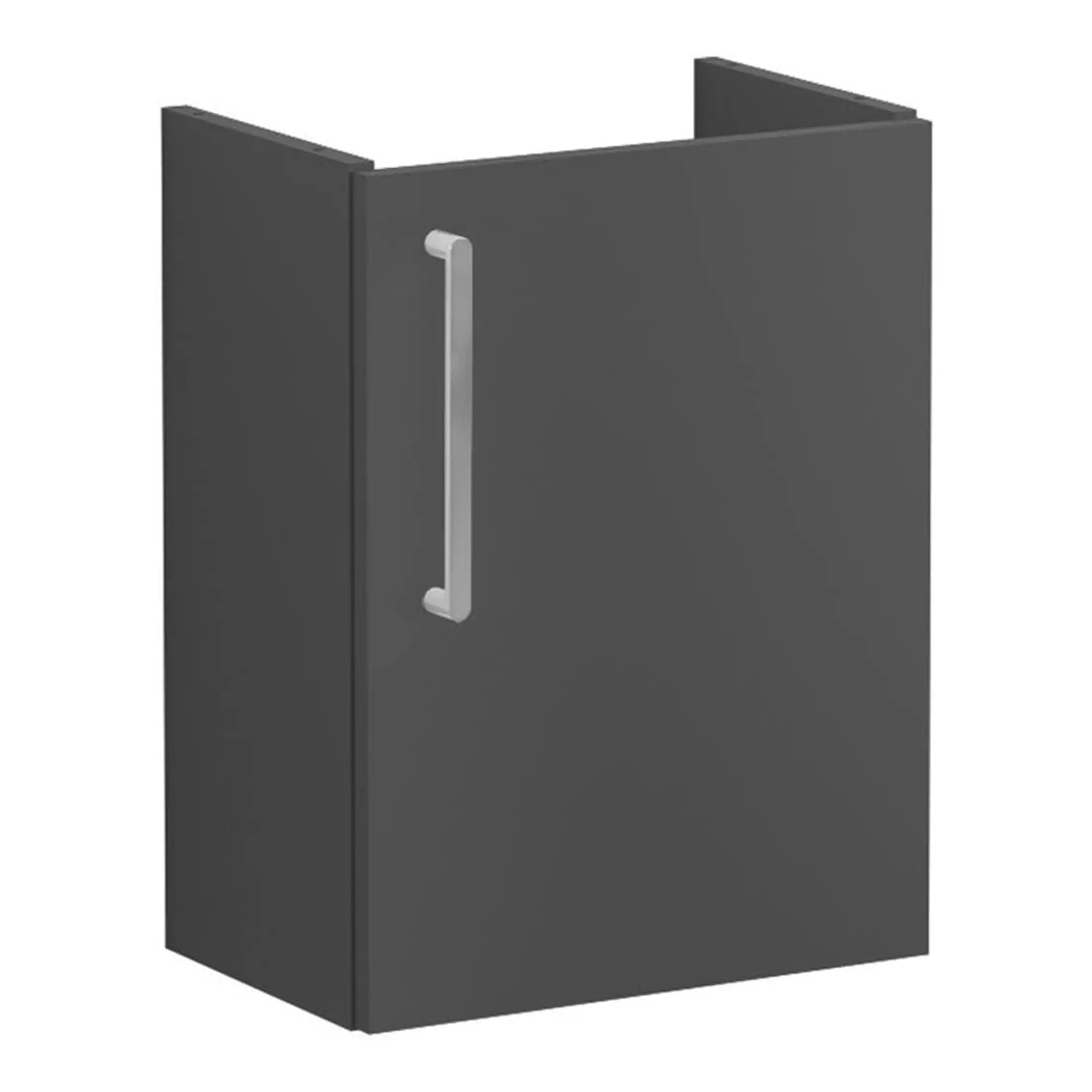 Modern grey bathroom cabinet with sleek silver handle for bathroom storage solutions.