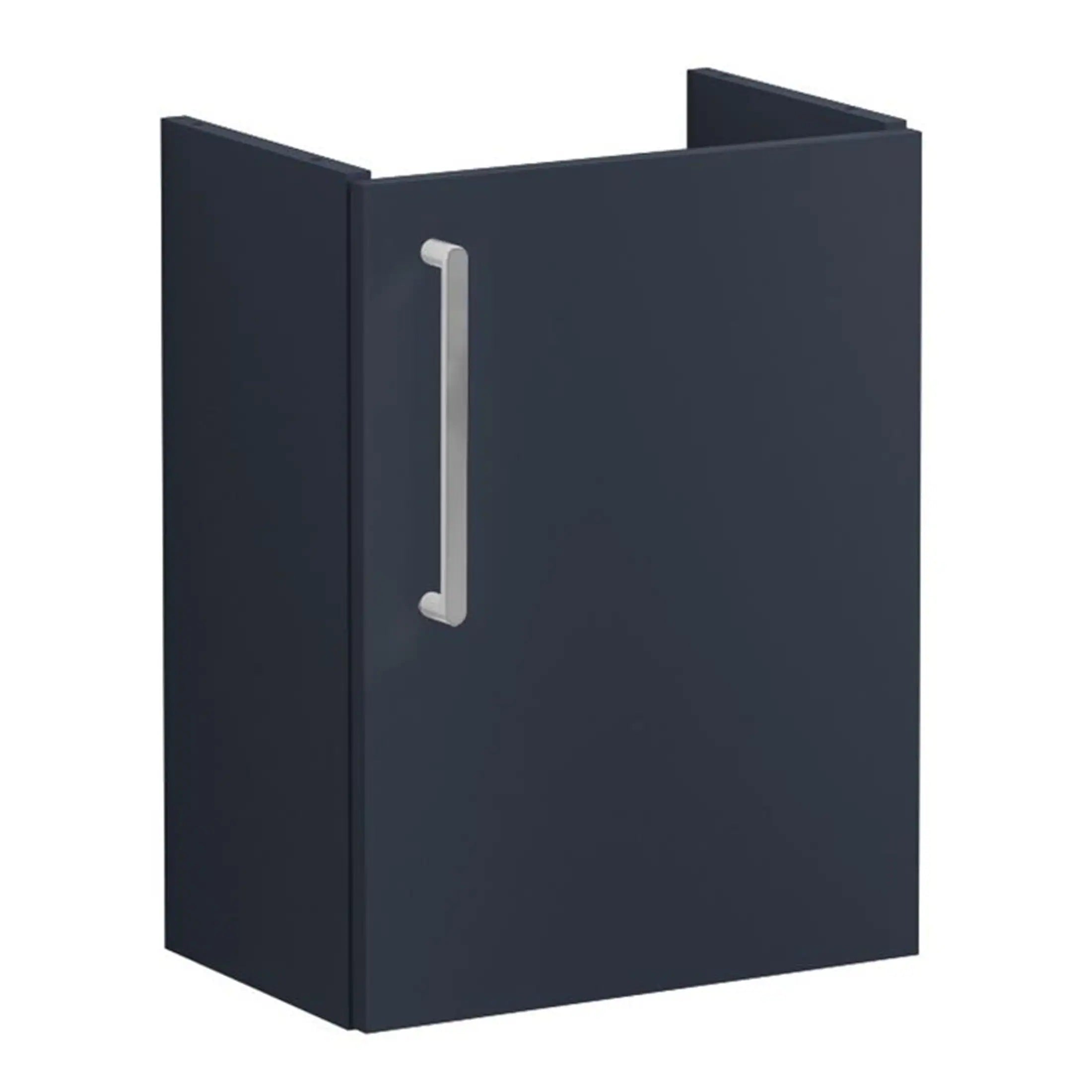 Sleek navy blue bathroom cabinet with a modern brushed steel handle, perfect for stylish bathroom storage solutions.