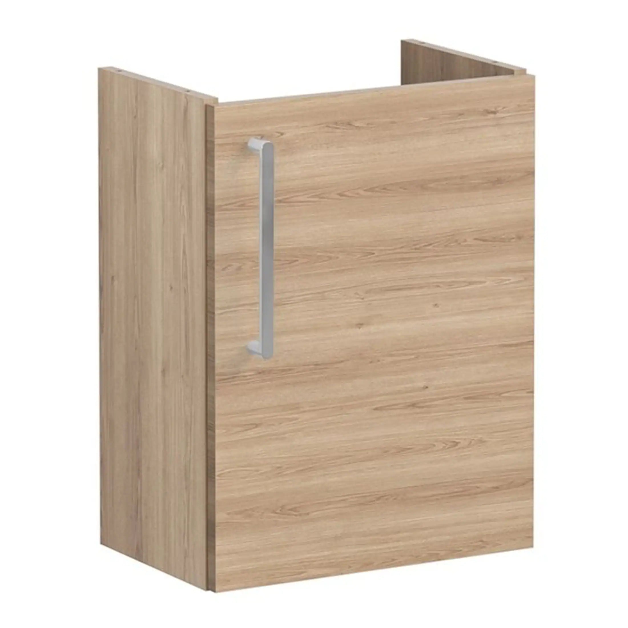 Sleek wooden bathroom cabinet with silver handle, ideal for modern bathroom storage solutions. Durable, stylish, and space-efficient furniture from Bubly Bathrooms UK.