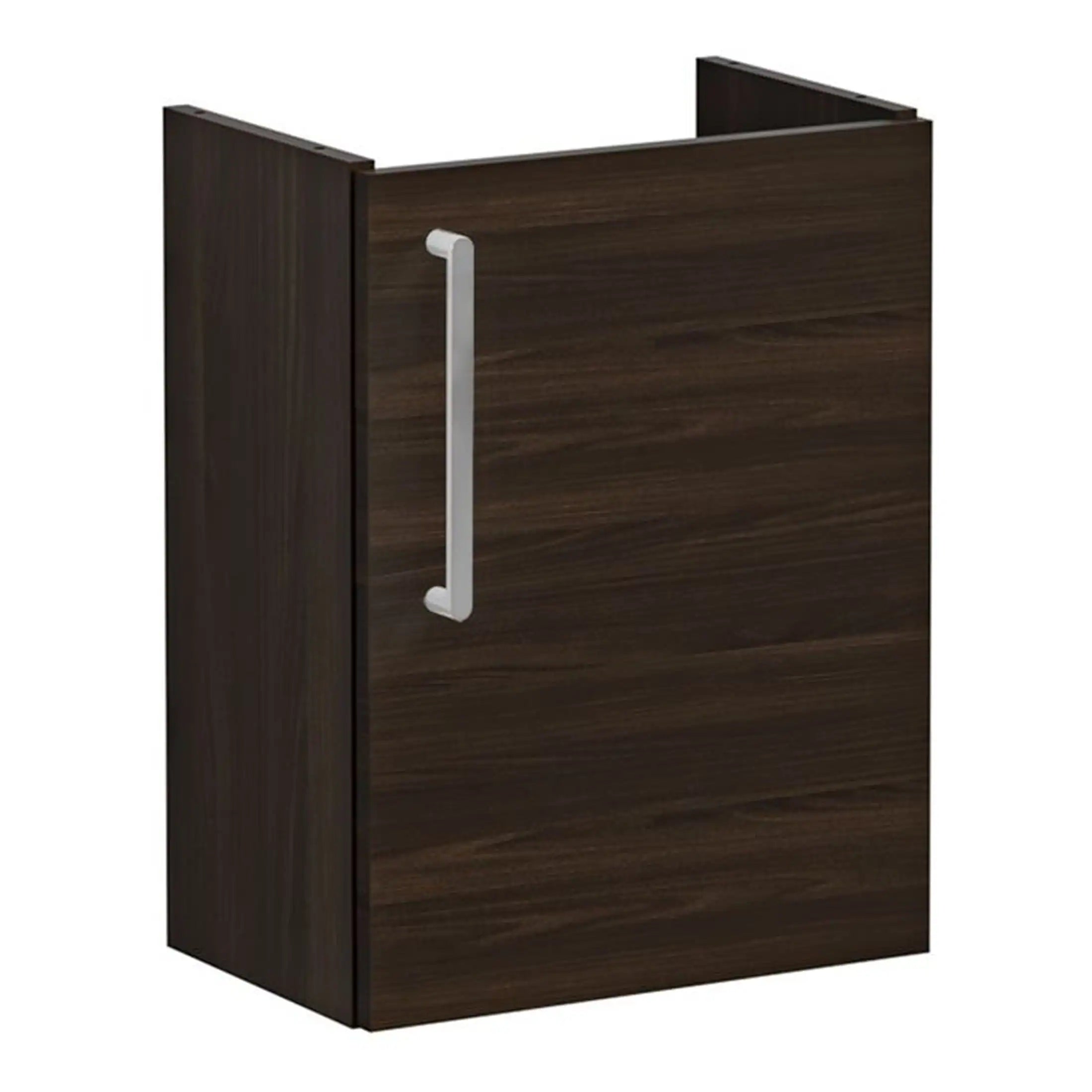 Stylish dark wooden bathroom cabinet with silver handle, ideal for modern bathroom storage and organisation. Perfect for storing toiletries and bathroom essentials in sleek, contemporary design.