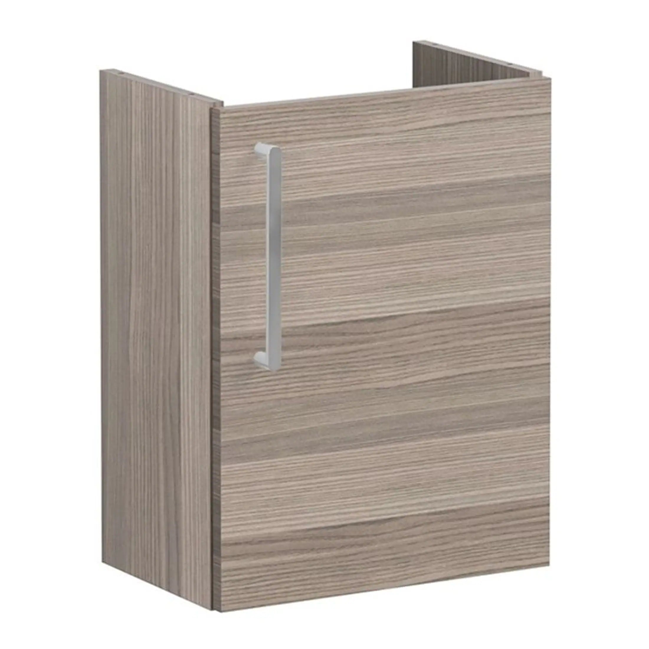 Light wood effect bathroom cabinet with a sleek silver handle for modern bathroom storage solutions.