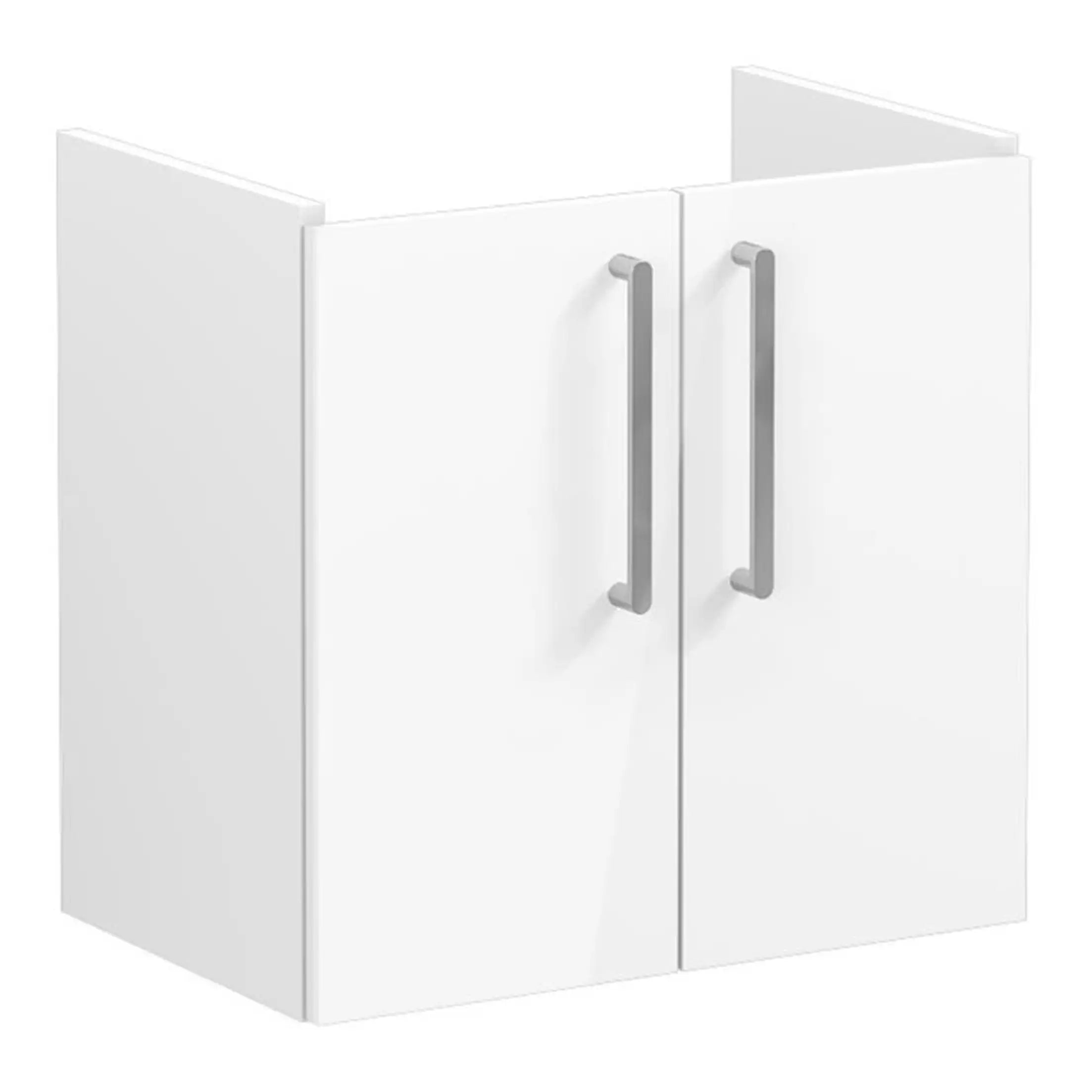 Contemporary white bathroom cabinet with sleek metal handles, ideal for modern bathroom storage solutions. Perfect for organising toiletries and enhancing bathroom decor.