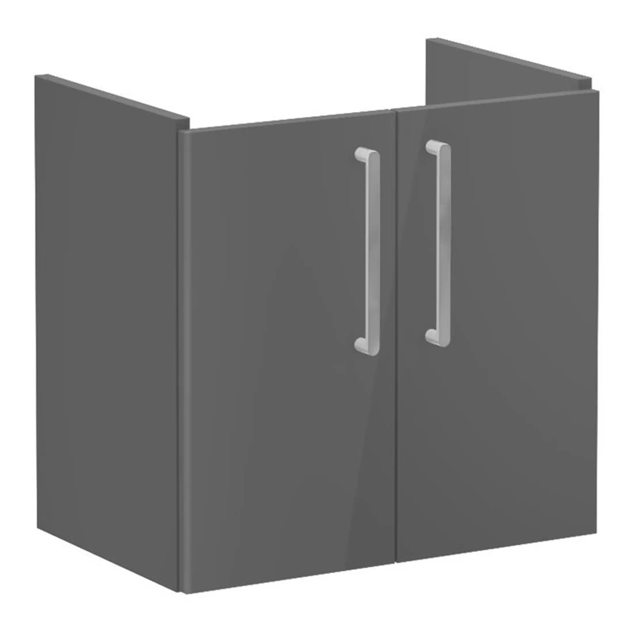 Smooth grey bathroom cabinet with sleek metal handles, ideal for modern bathroom storage solutions. Durable and stylish, perfect for organising bathroom essentials.