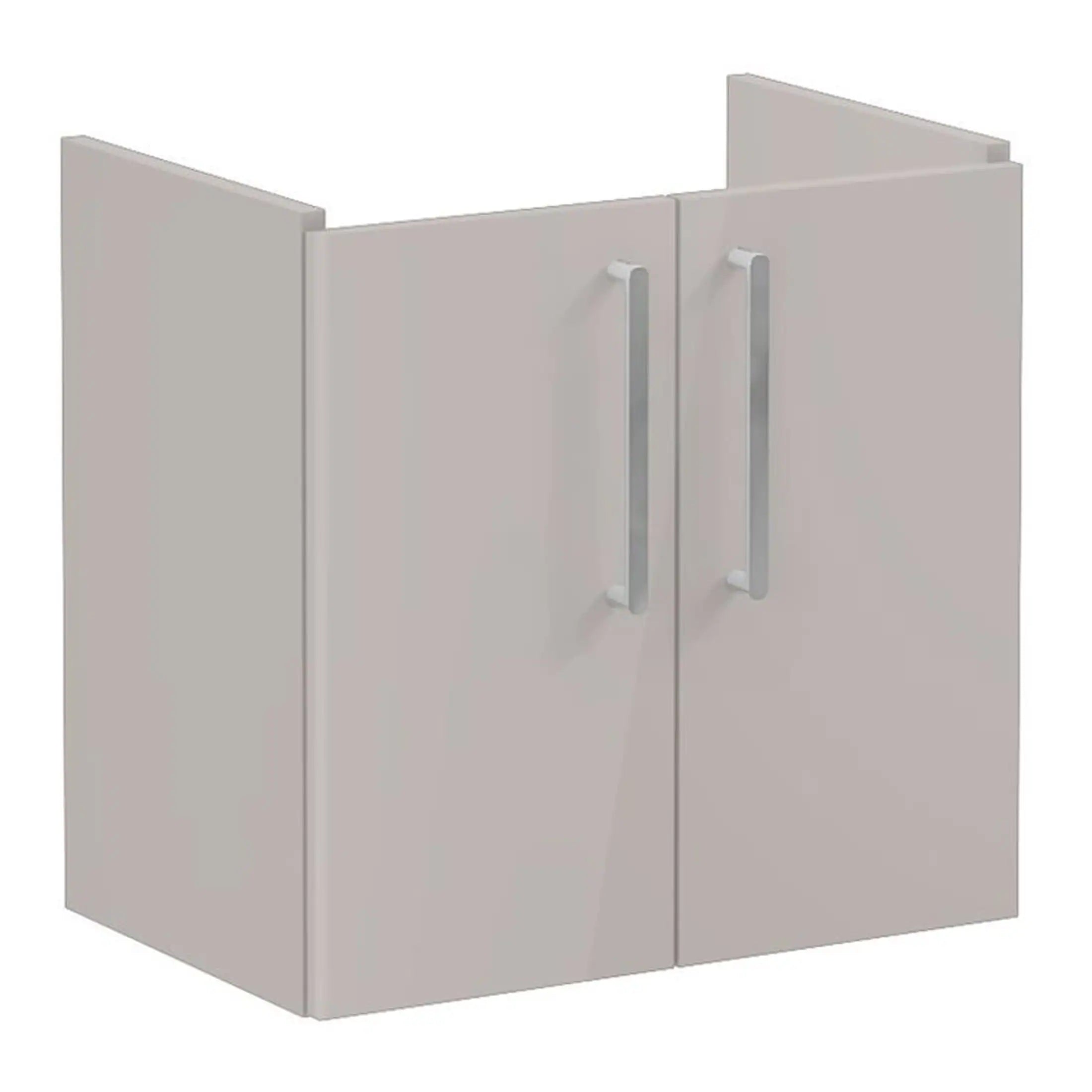 Modern white bathroom cabinet with sleek silver handles, ideal for stylish bathroom storage solutions, part of Bubly Bathrooms' range.