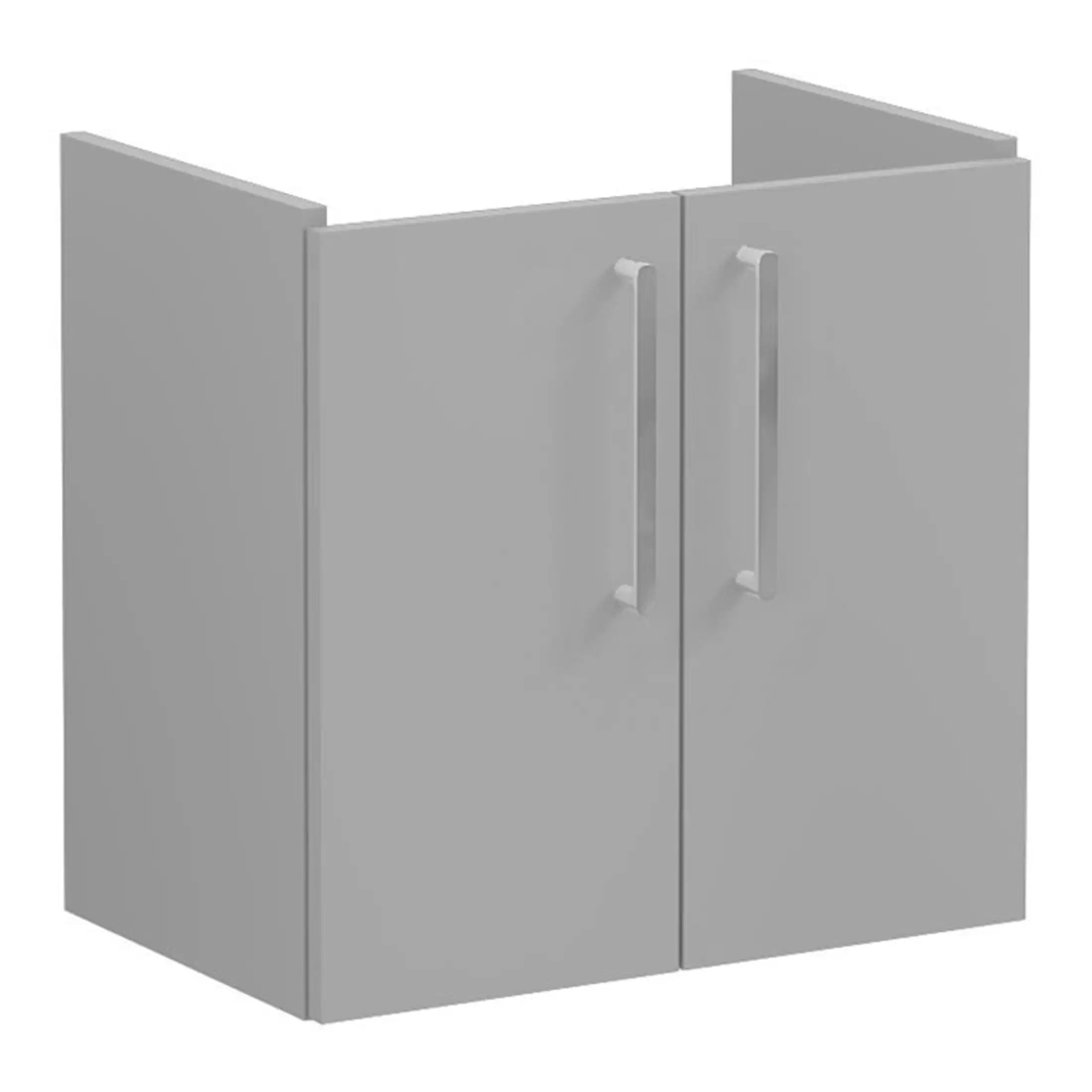Modern grey bathroom cabinet with sleek silver handles, ideal for contemporary bathroom storage solutions.