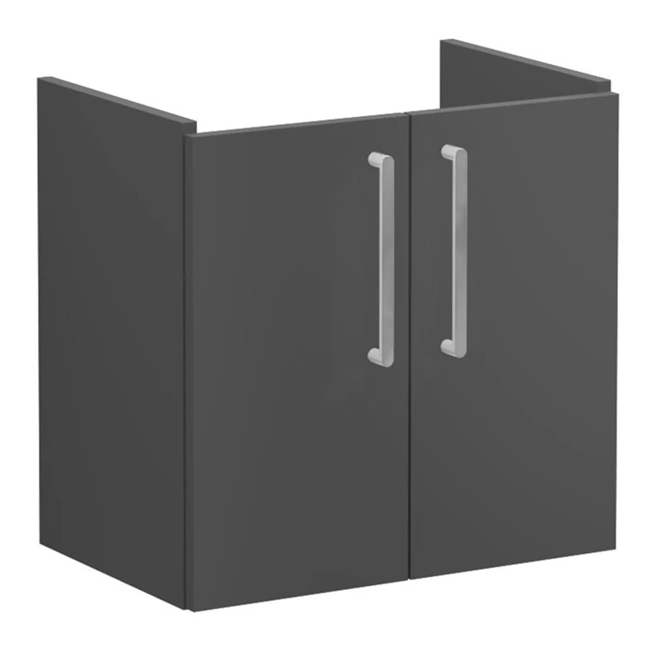 Modern grey bathroom cabinet with silver handles, ideal for bathroom storage solutions. Perfect for contemporary bathroom designs, combining style and functionality.