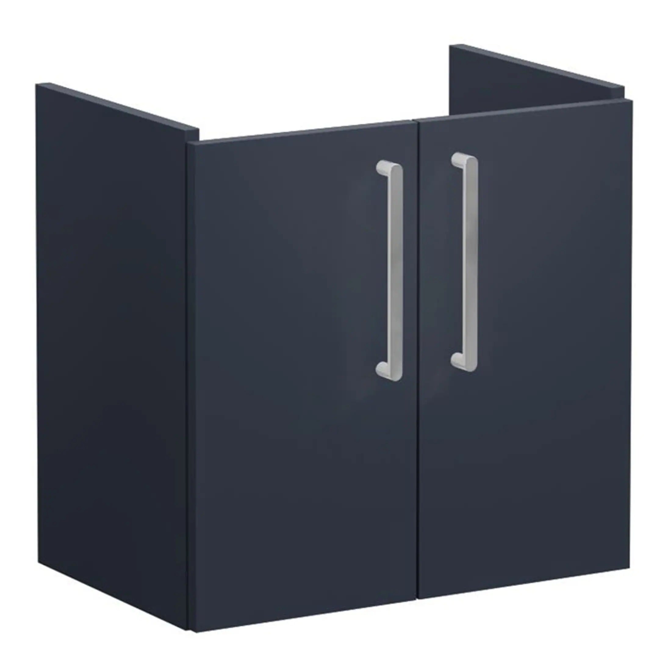 Modern navy blue bathroom cabinet with silver handles, ideal for sleek bathroom storage solutions. Perfect for contemporary bathroom designs, combining functionality with style.