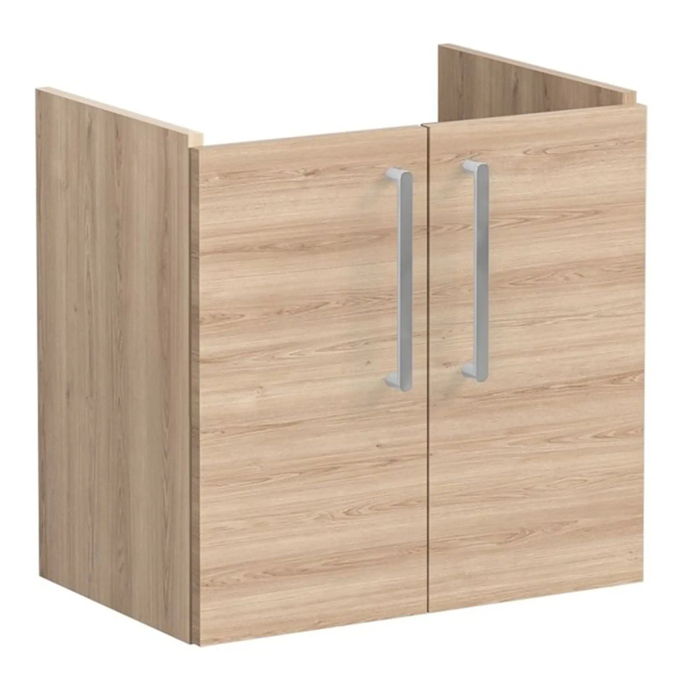 Sleek natural wood bathroom cabinet with silver handles, ideal for modern bathroom storage solutions. Durable and stylish design from Bubly Bathrooms UK.
