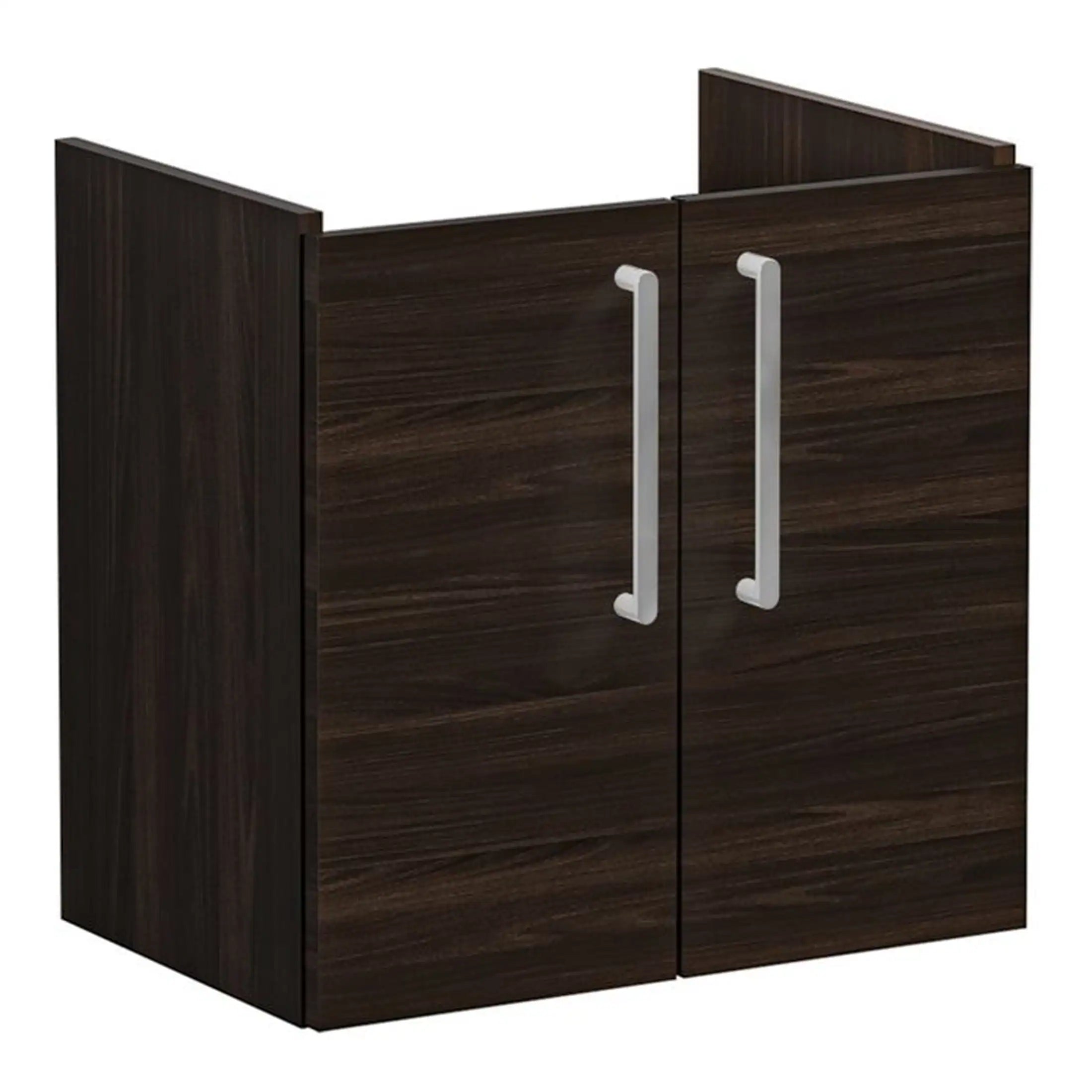 Sleek dark wood bathroom cabinet with silver handles, perfect for modern bathrooms, providing stylish storage solutions and enhancing bathroom decor.