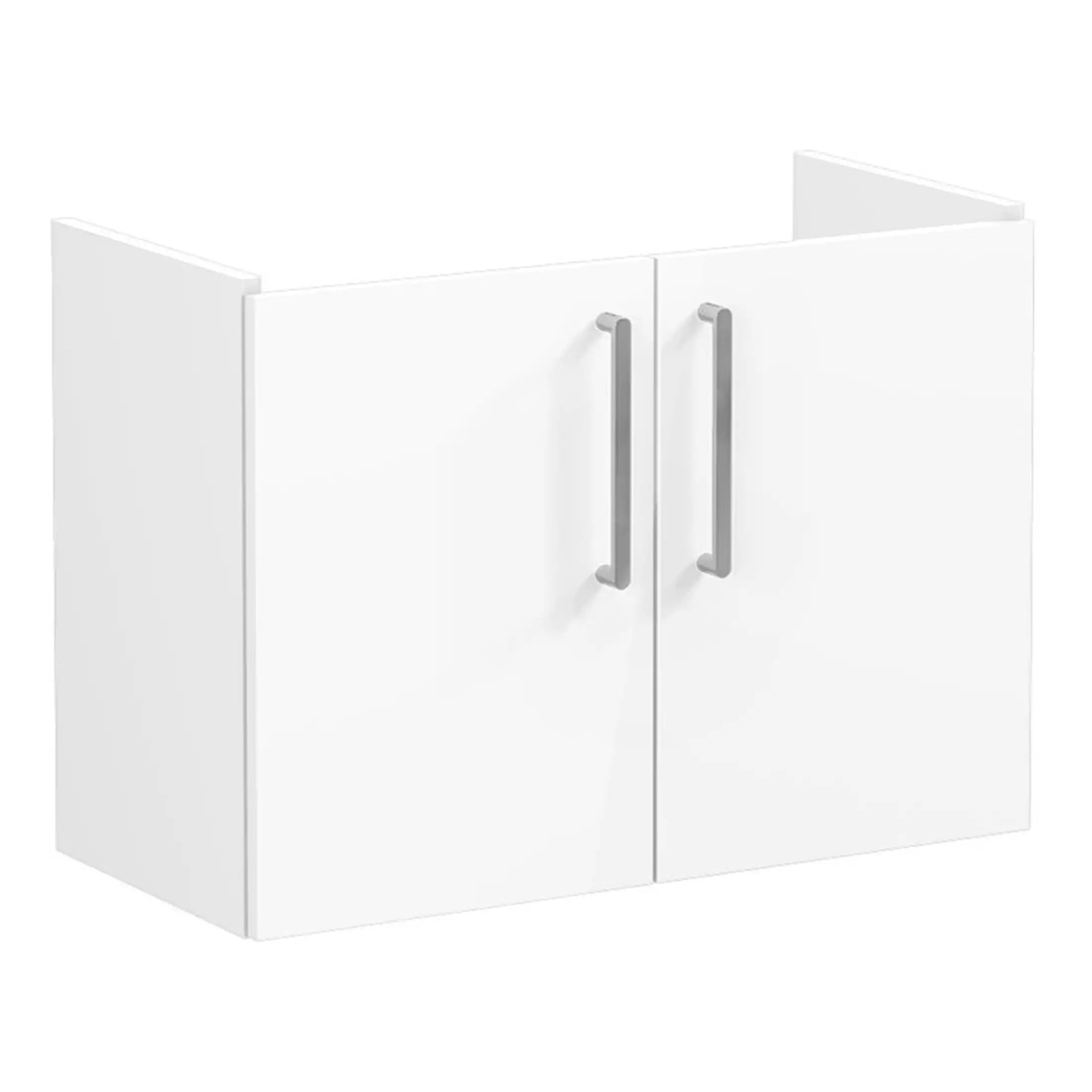 White bathroom wall cabinet with modern silver handles, ideal for bathroom storage solutions, offering style and functionality for contemporary bathroom designs.
