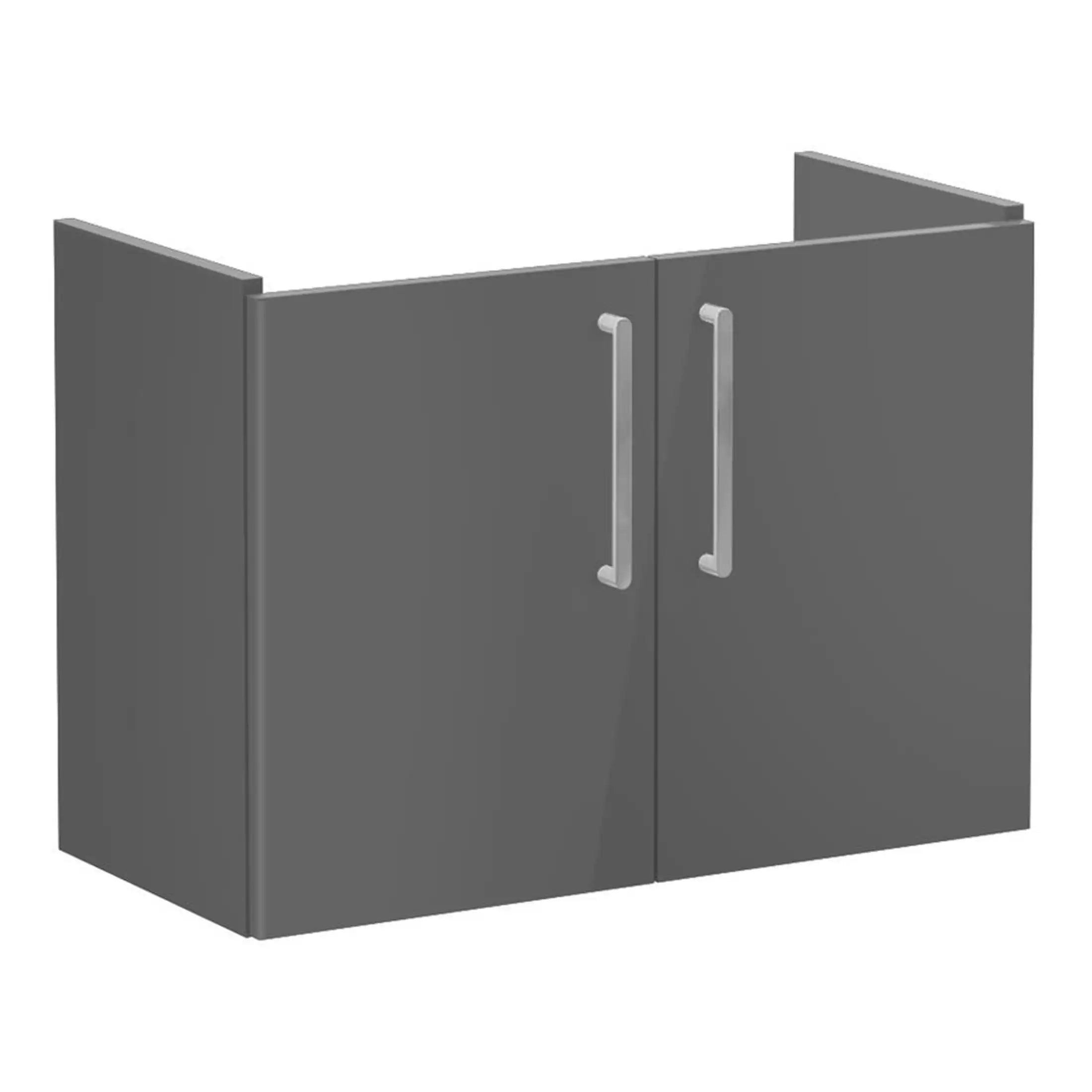 Modern grey bathroom cabinet with silver handles for bathroom storage solutions. Durable and sleek design ideal for contemporary bathroom interiors. Perfect organisation for bathroom essentials.