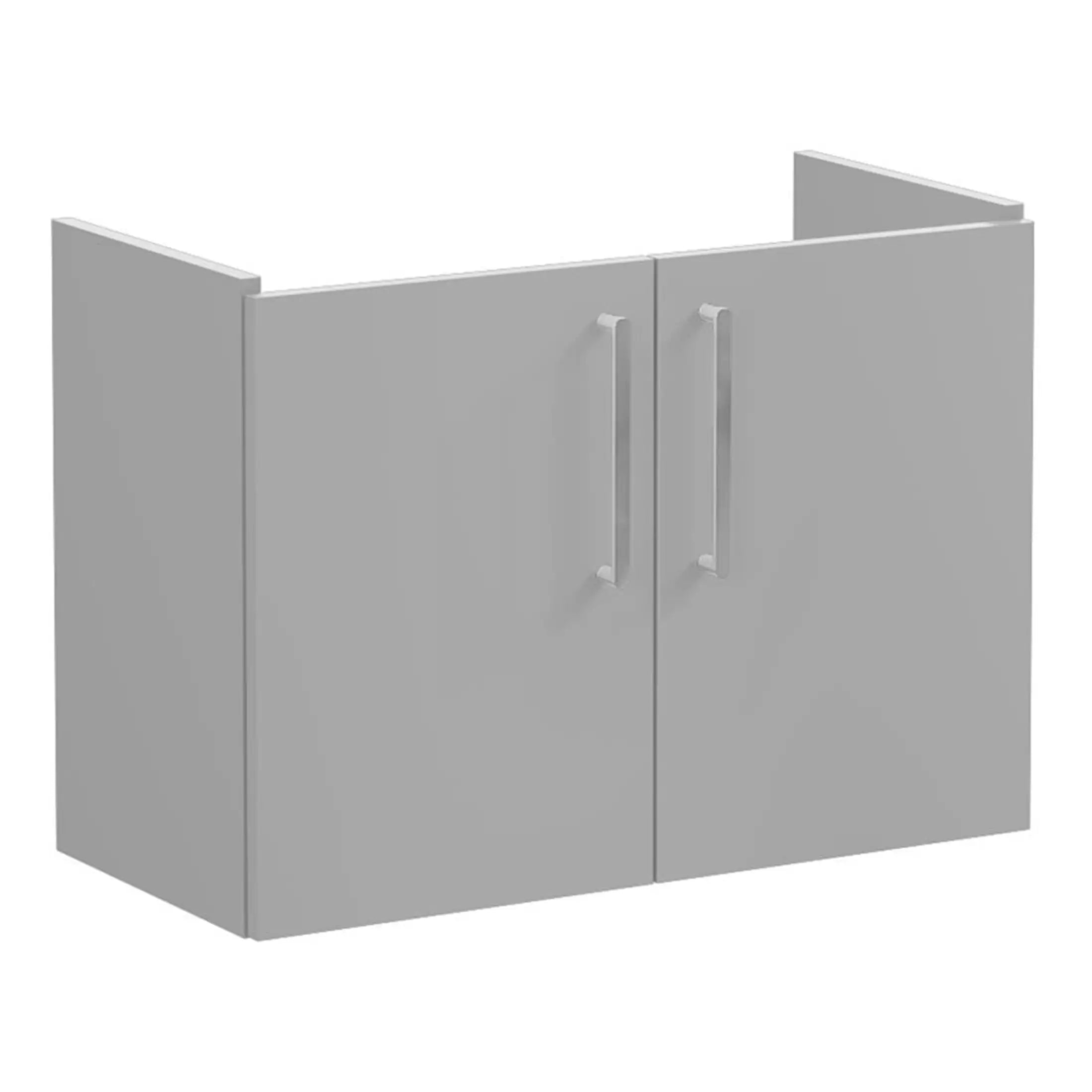 Modern white bathroom vanity cabinet with sleek silver handles, ideal for contemporary bathroom storage solutions. Perfect for organising toiletries and bathroom essentials.